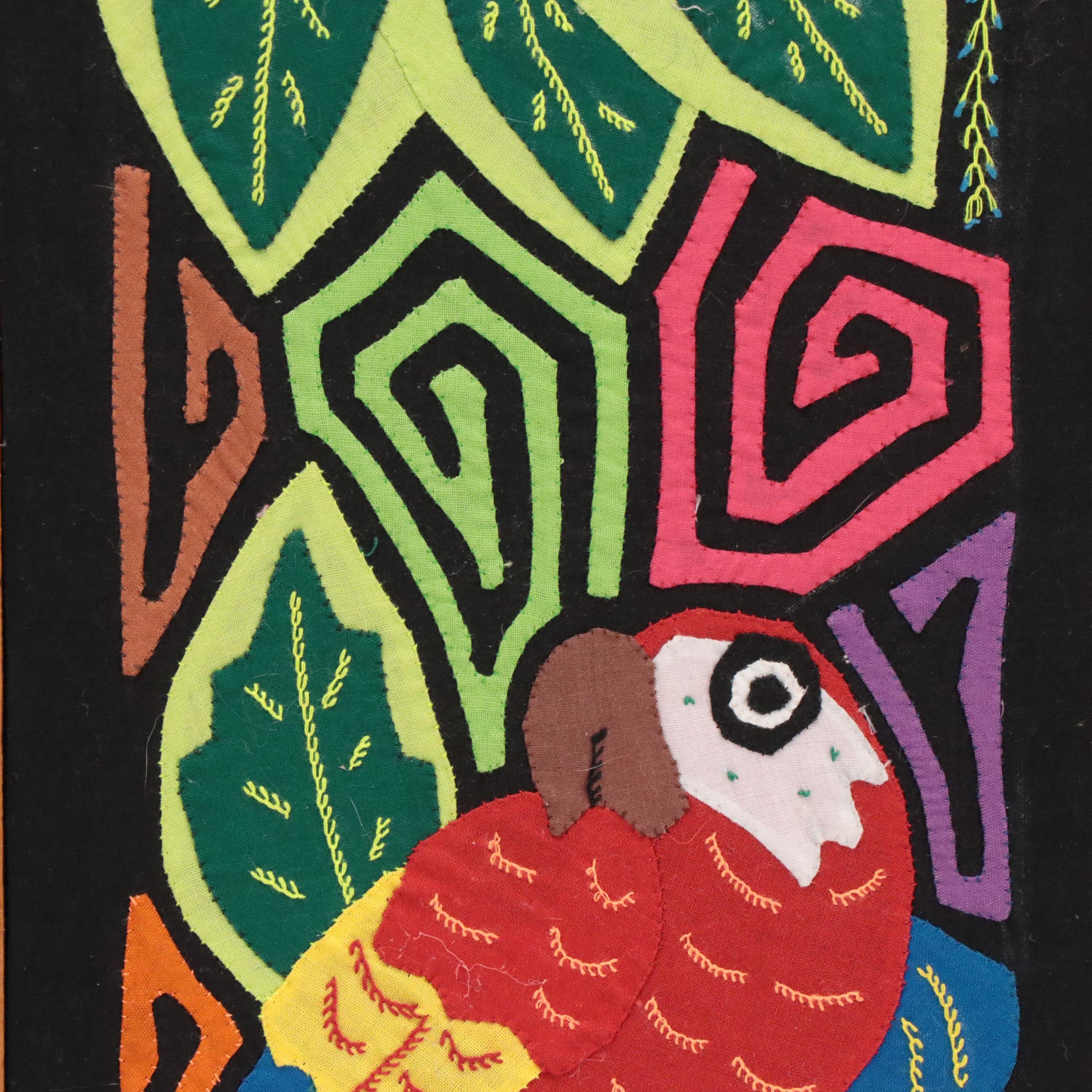 Panamanian Guna Mola Folk Art Embroidered Textile Panel of Parrots
