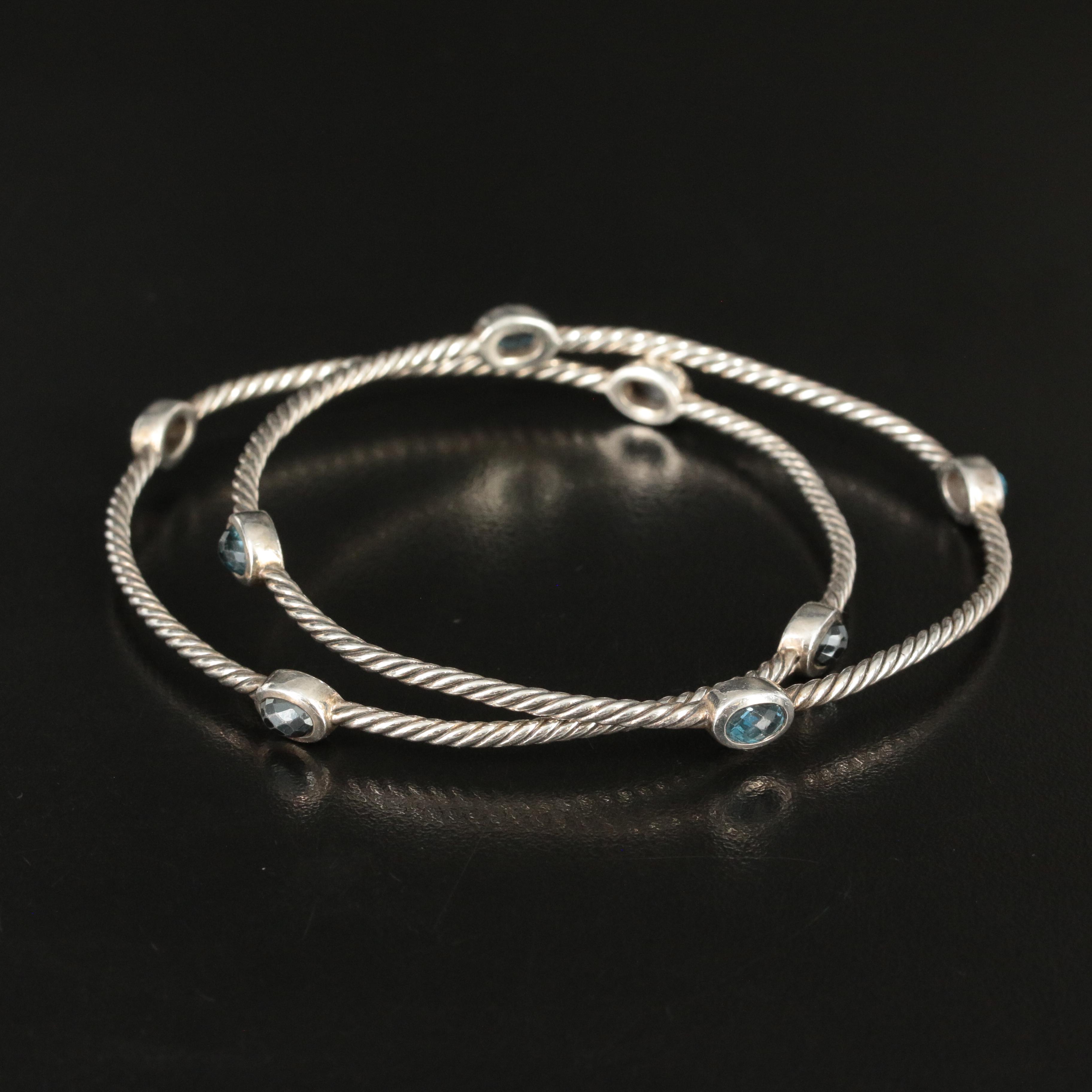David Yurman Set of Two Sterling Bangles with Hematite and Blue Topaz