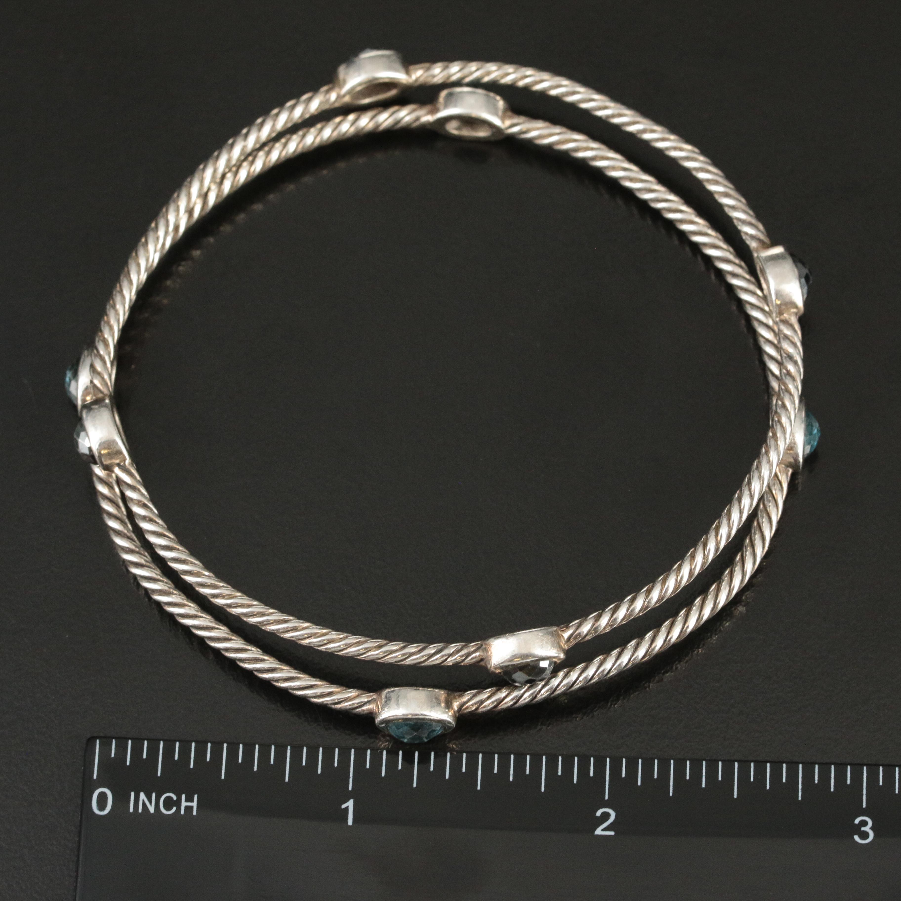 David Yurman Set of Two Sterling Bangles with Hematite and Blue Topaz