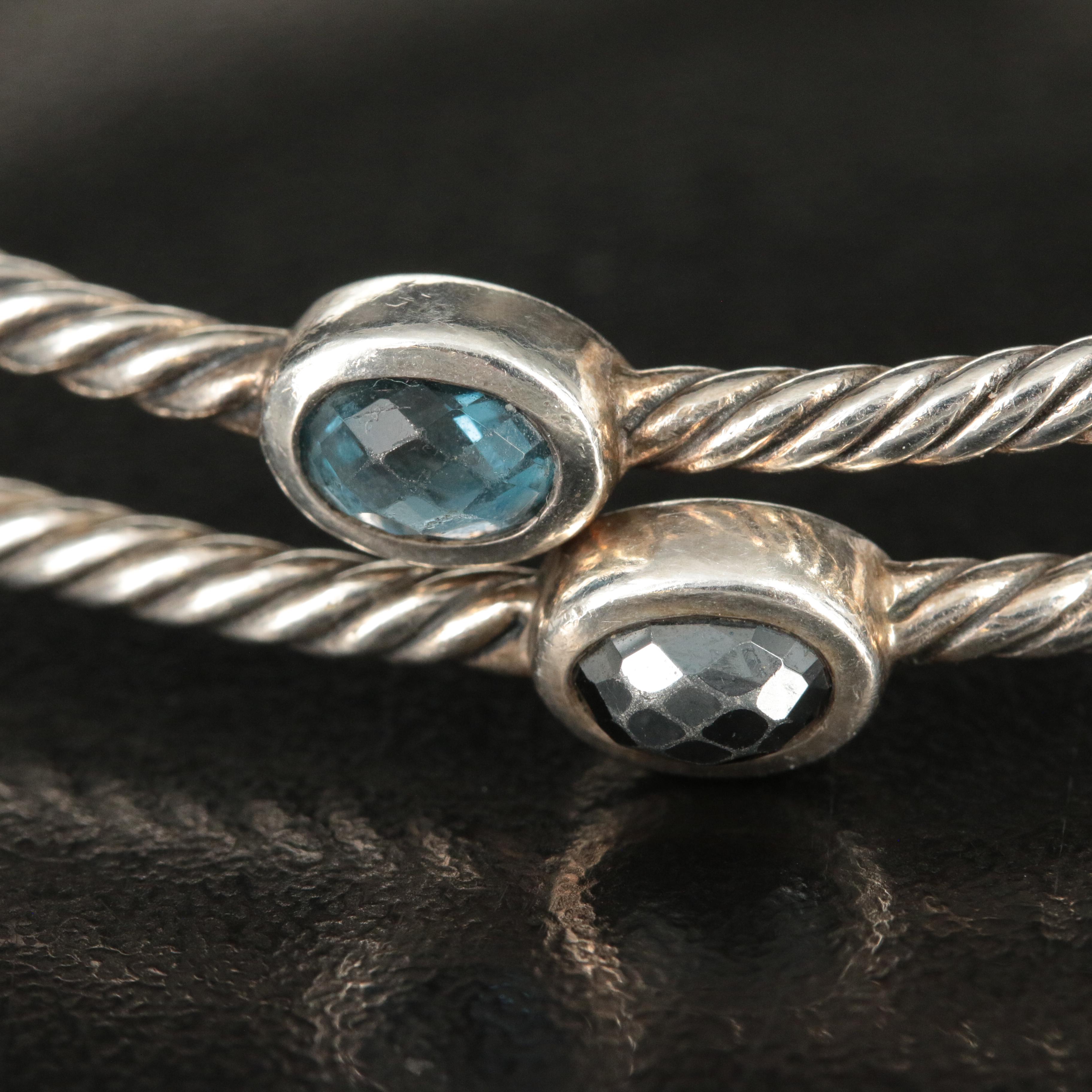 David Yurman Set of Two Sterling Bangles with Hematite and Blue Topaz