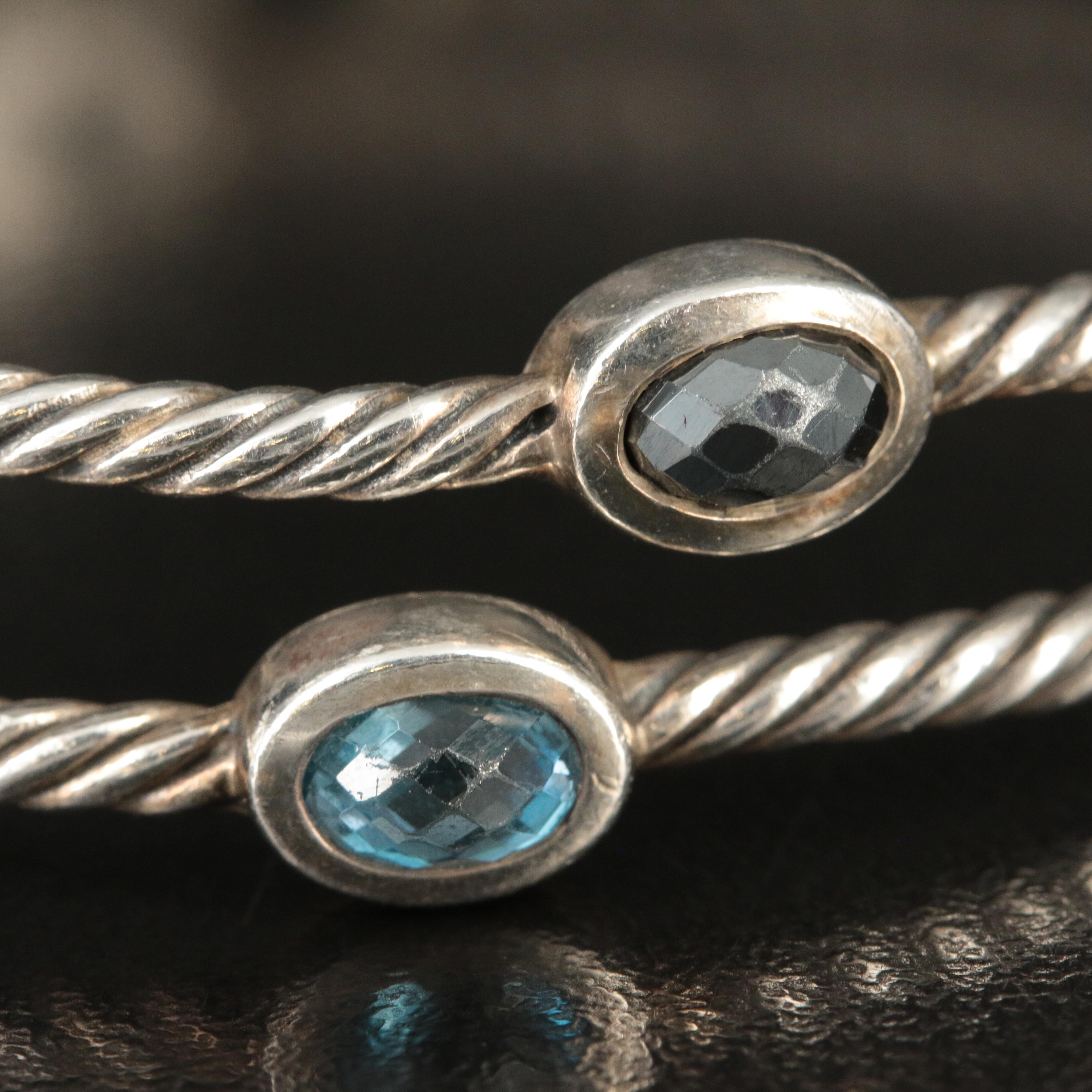 David Yurman Set of Two Sterling Bangles with Hematite and Blue Topaz