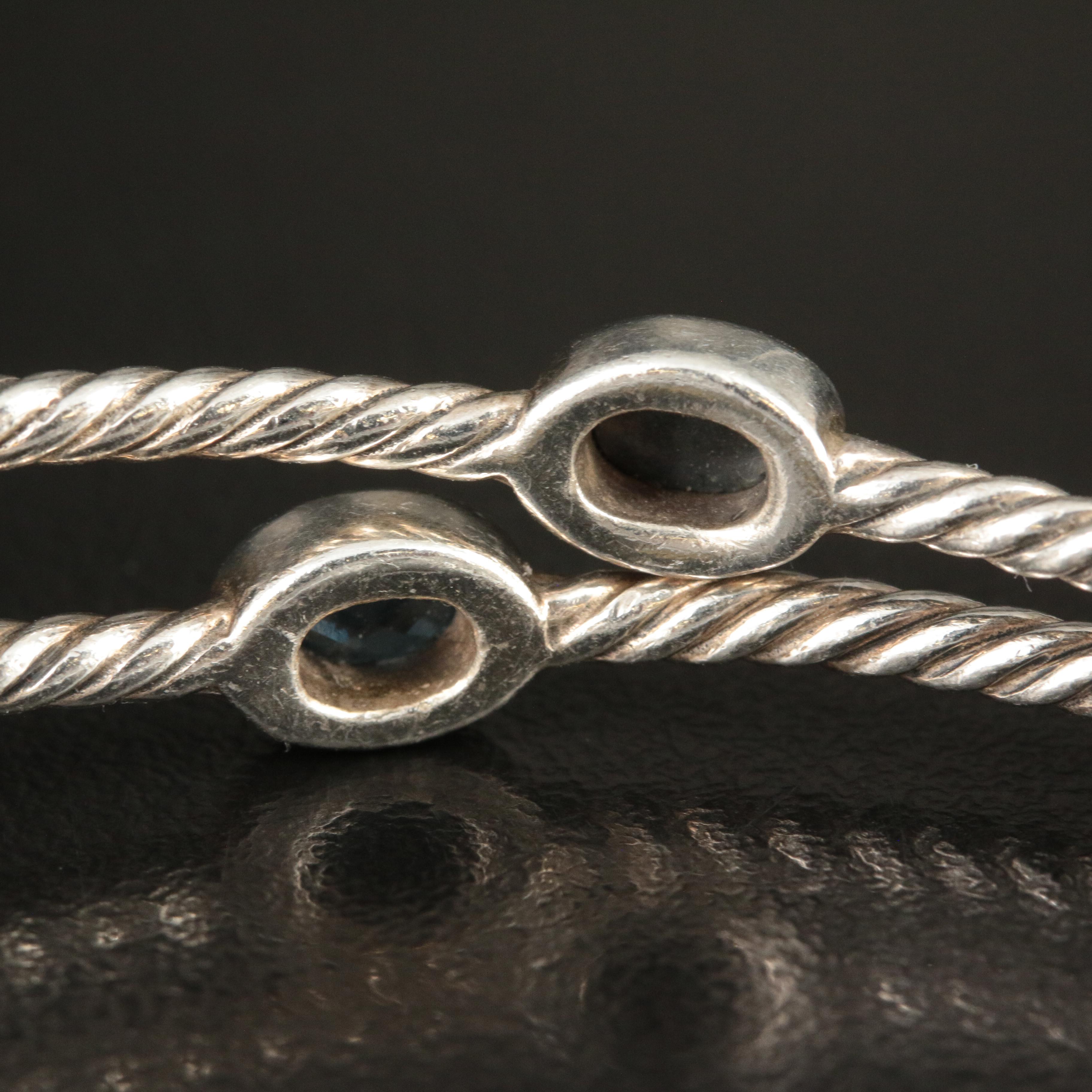 David Yurman Set of Two Sterling Bangles with Hematite and Blue Topaz