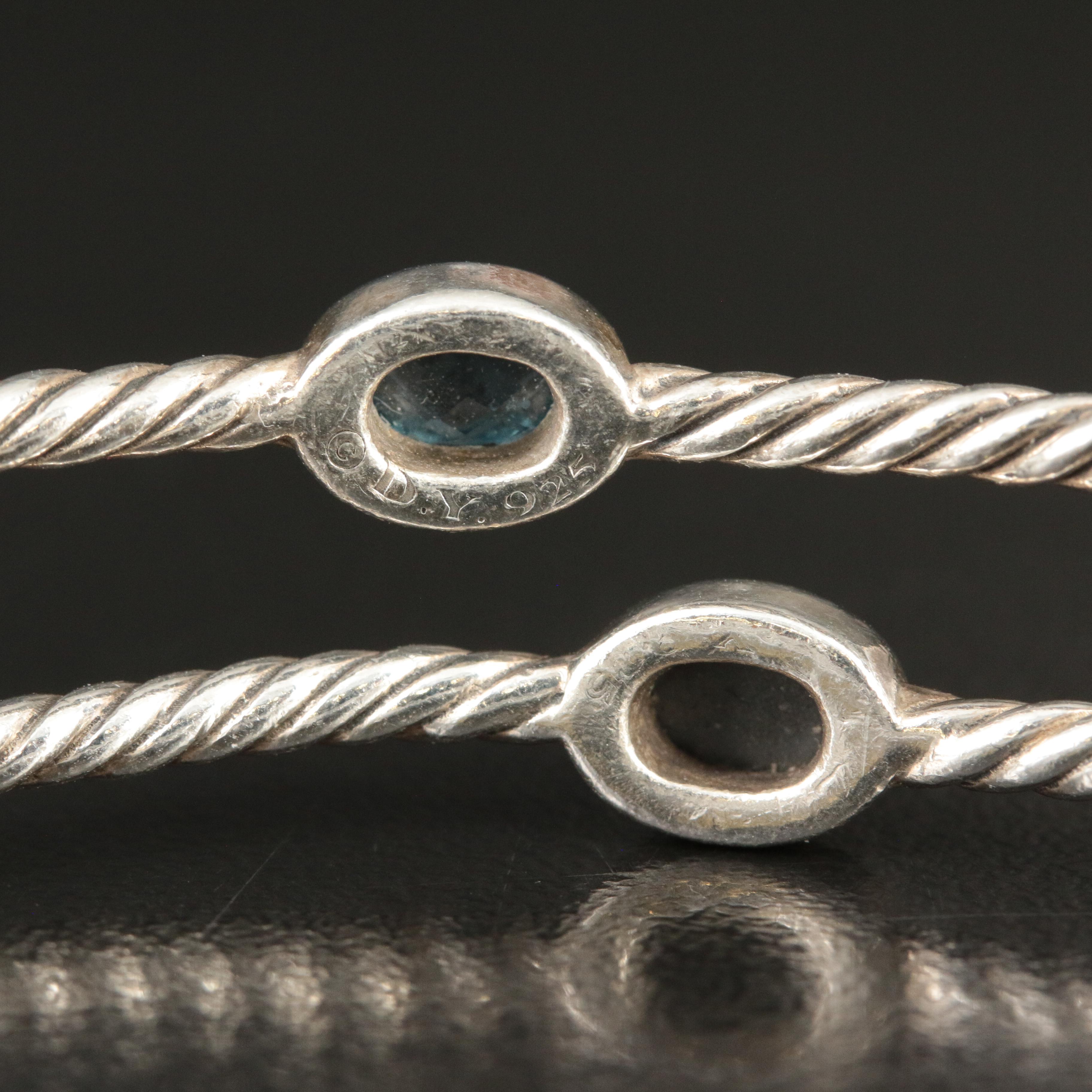 David Yurman Set of Two Sterling Bangles with Hematite and Blue Topaz