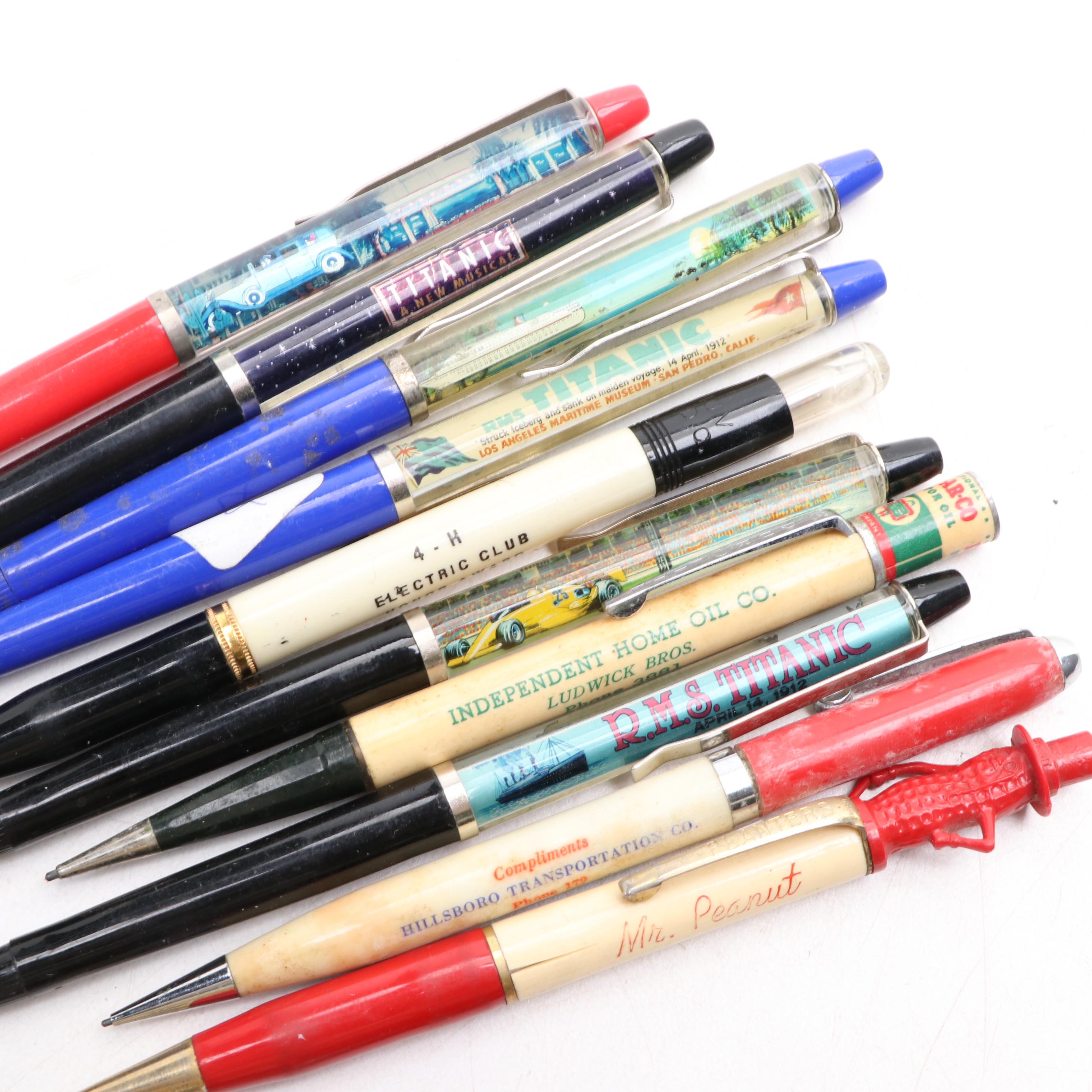 Novelty Mechanical Pencils and Pens Including Mr. Peanut, Vintage
