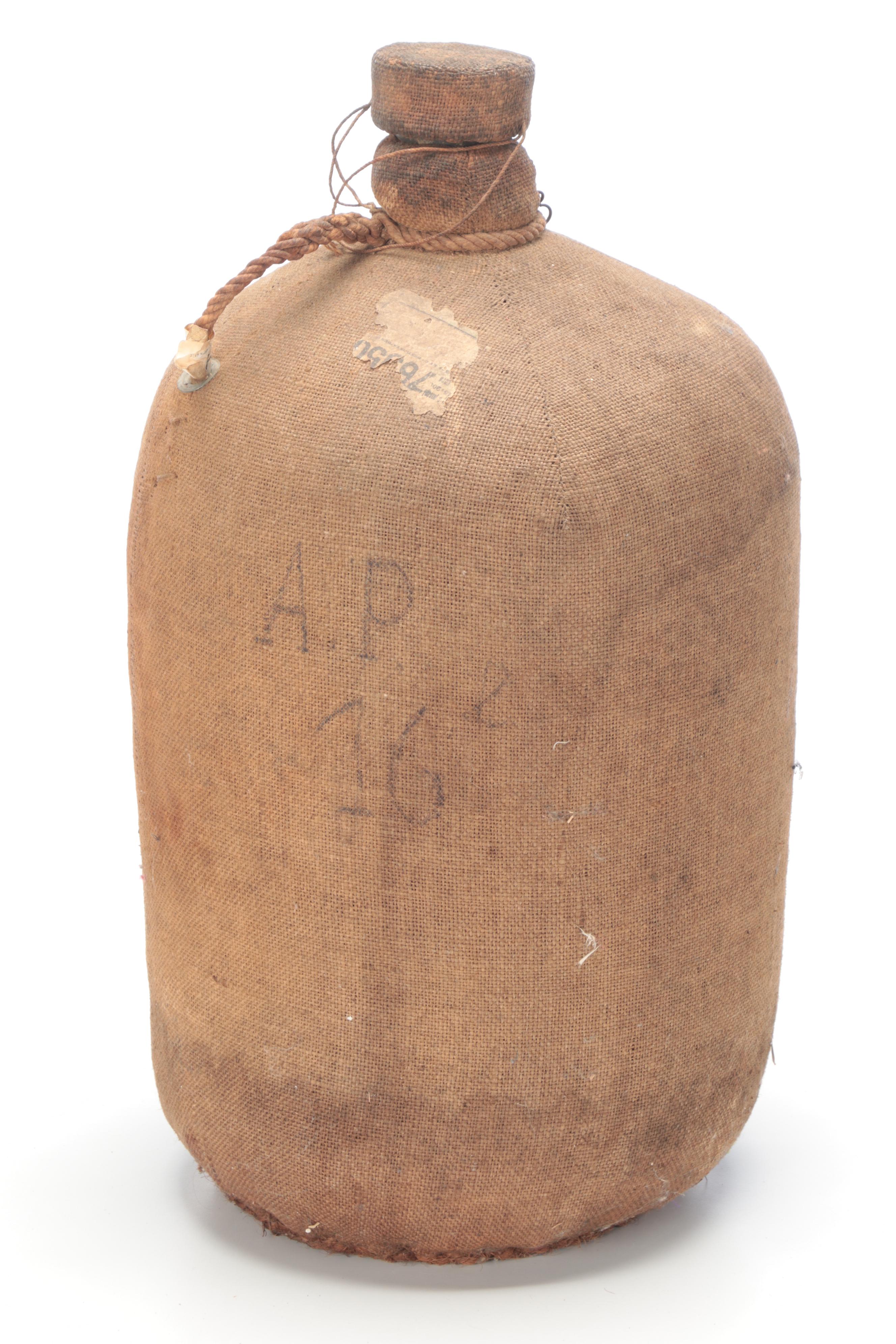 Burlap Covered Stoneware Water Jug with Wooden Platform