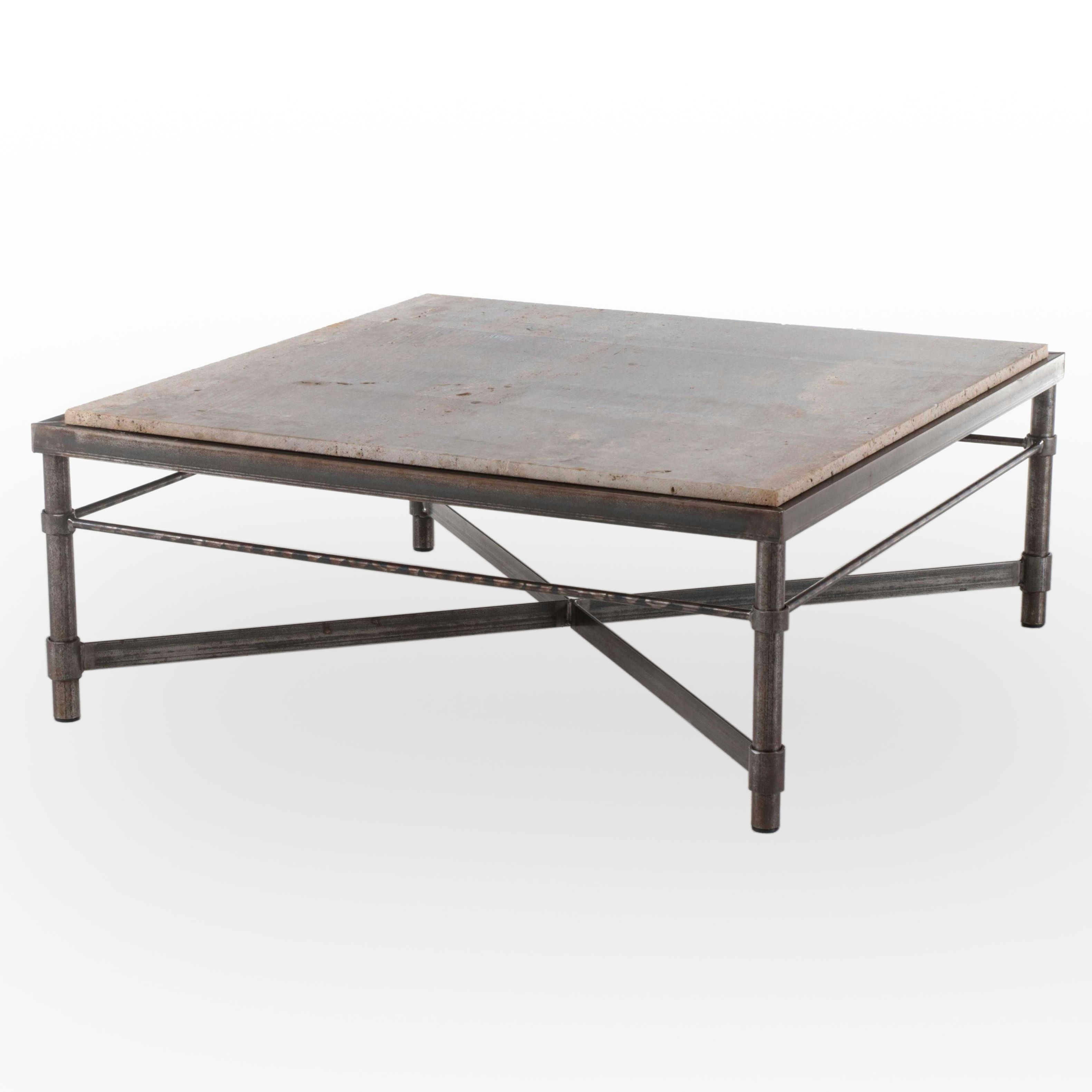 Modern Industrial Style Metal and Stone Top Coffee Table