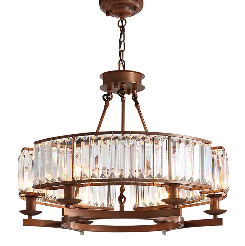Bronzed Metal and Crystal Panel Ring Eight-Arm LED Chandelier Light