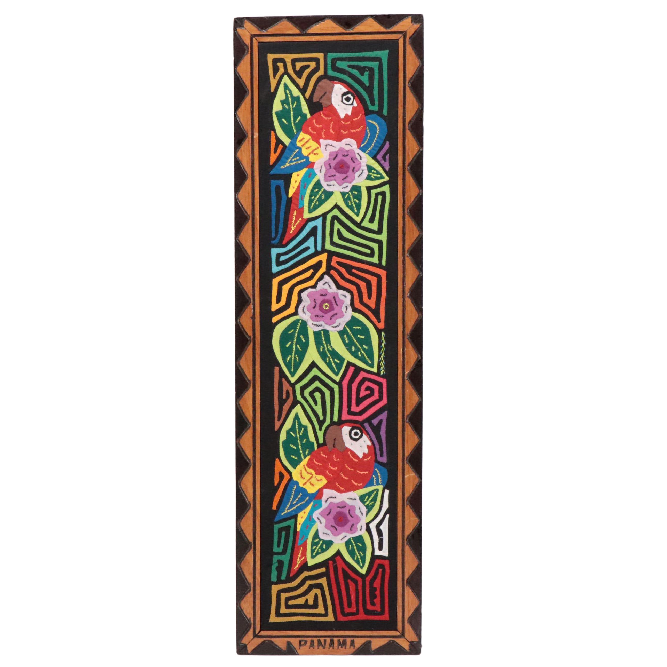 Panamanian Guna Mola Folk Art Embroidered Textile Panel of Parrots