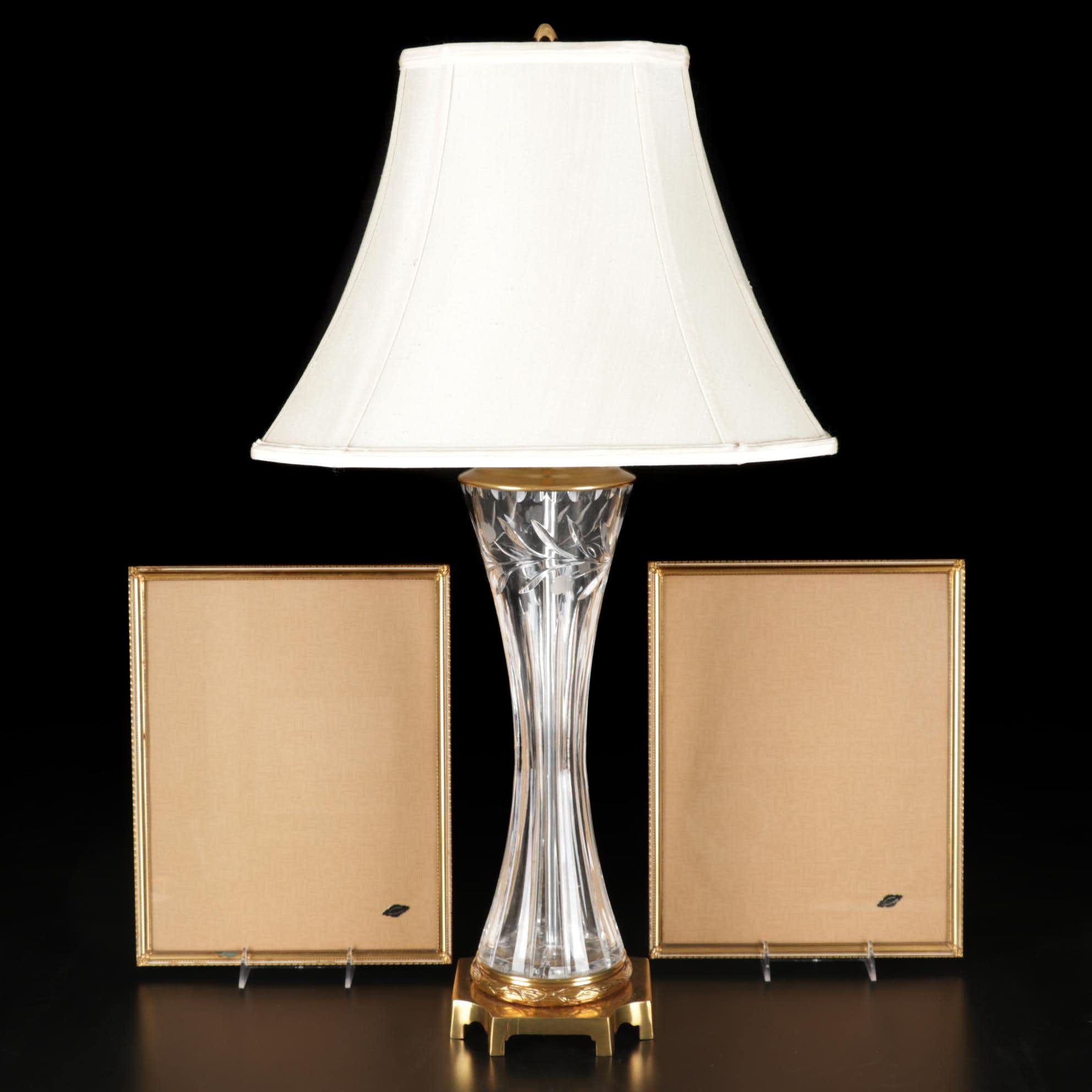 Marbro Lamp Co. Brass and Crystal Table Lamp Featured with Pair of Gilt Frames