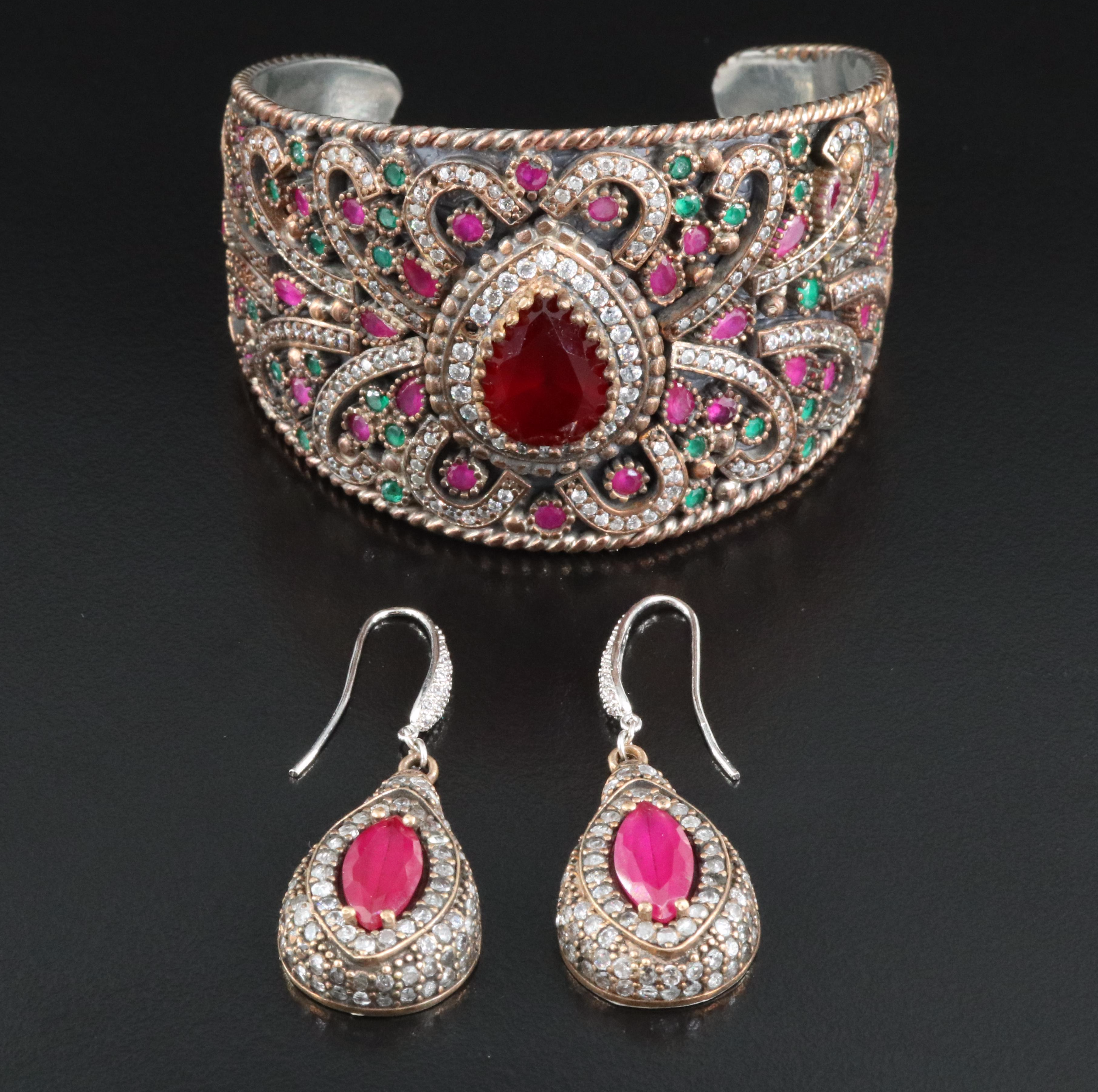 Sterling and Copper Ruby, CZ and Glass Bracelet and Earrings