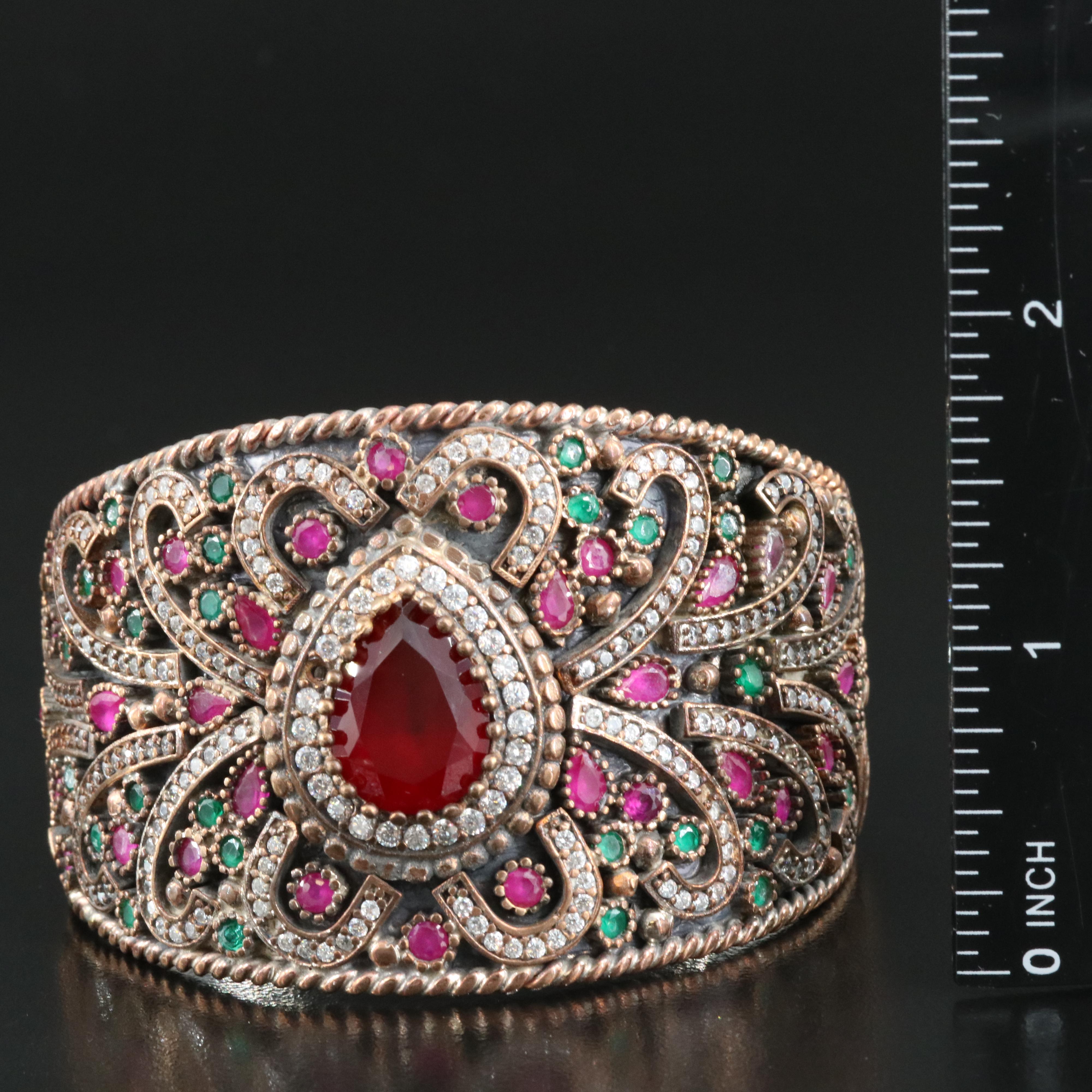 Sterling and Copper Ruby, CZ and Glass Bracelet and Earrings