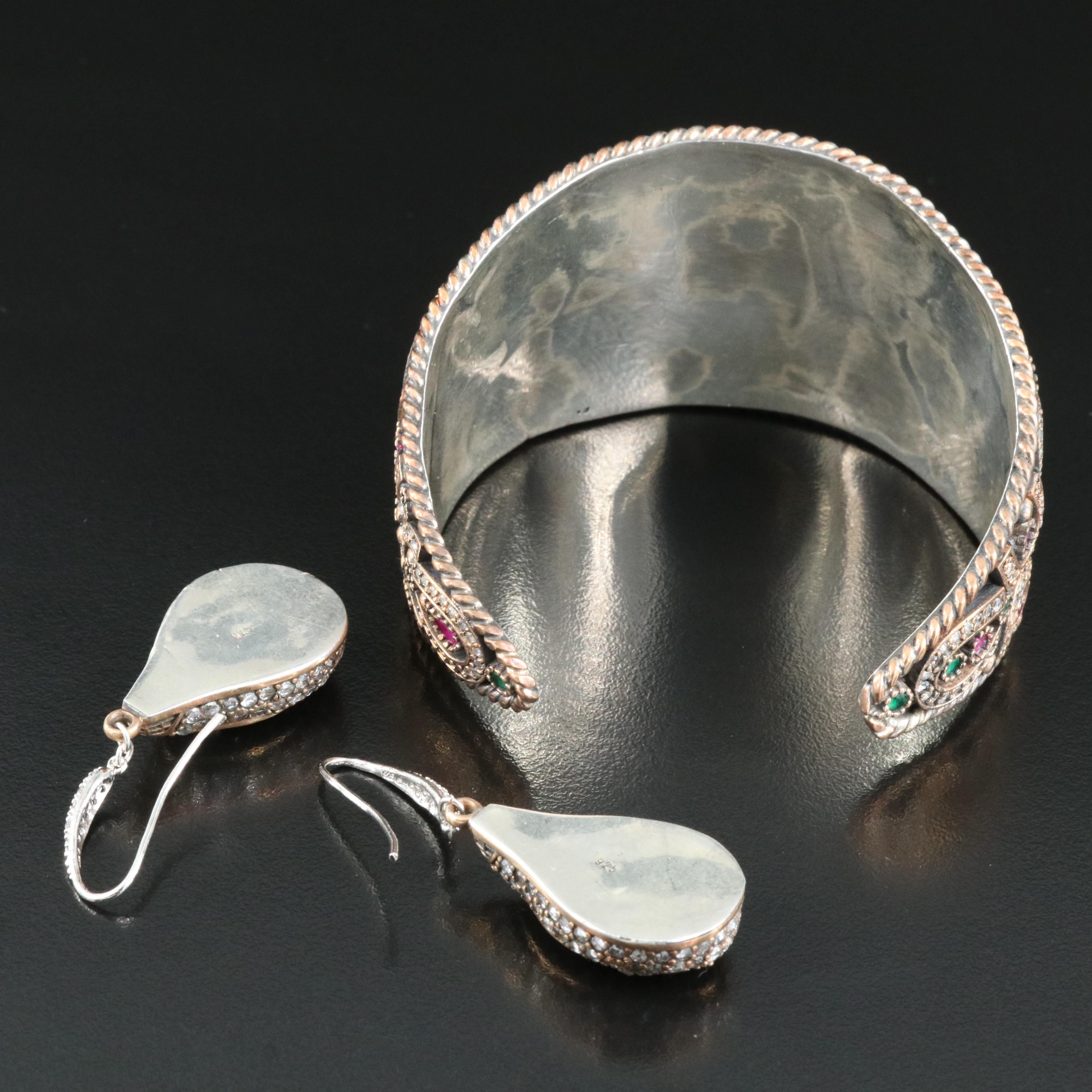 Sterling and Copper Ruby, CZ and Glass Bracelet and Earrings