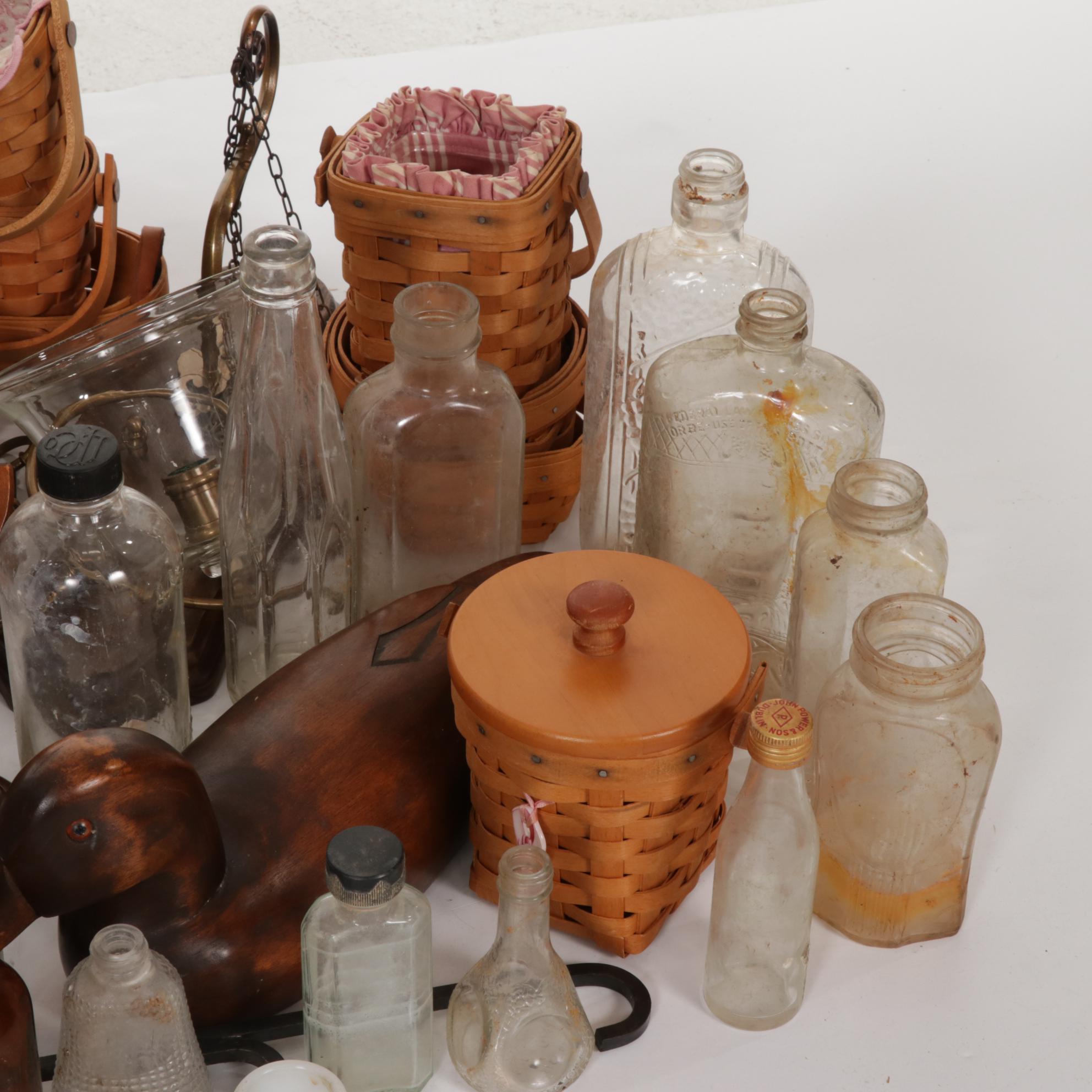 Glass Bottles, Longaberger Baskets, Electric Lamp and Other Primitive Decor