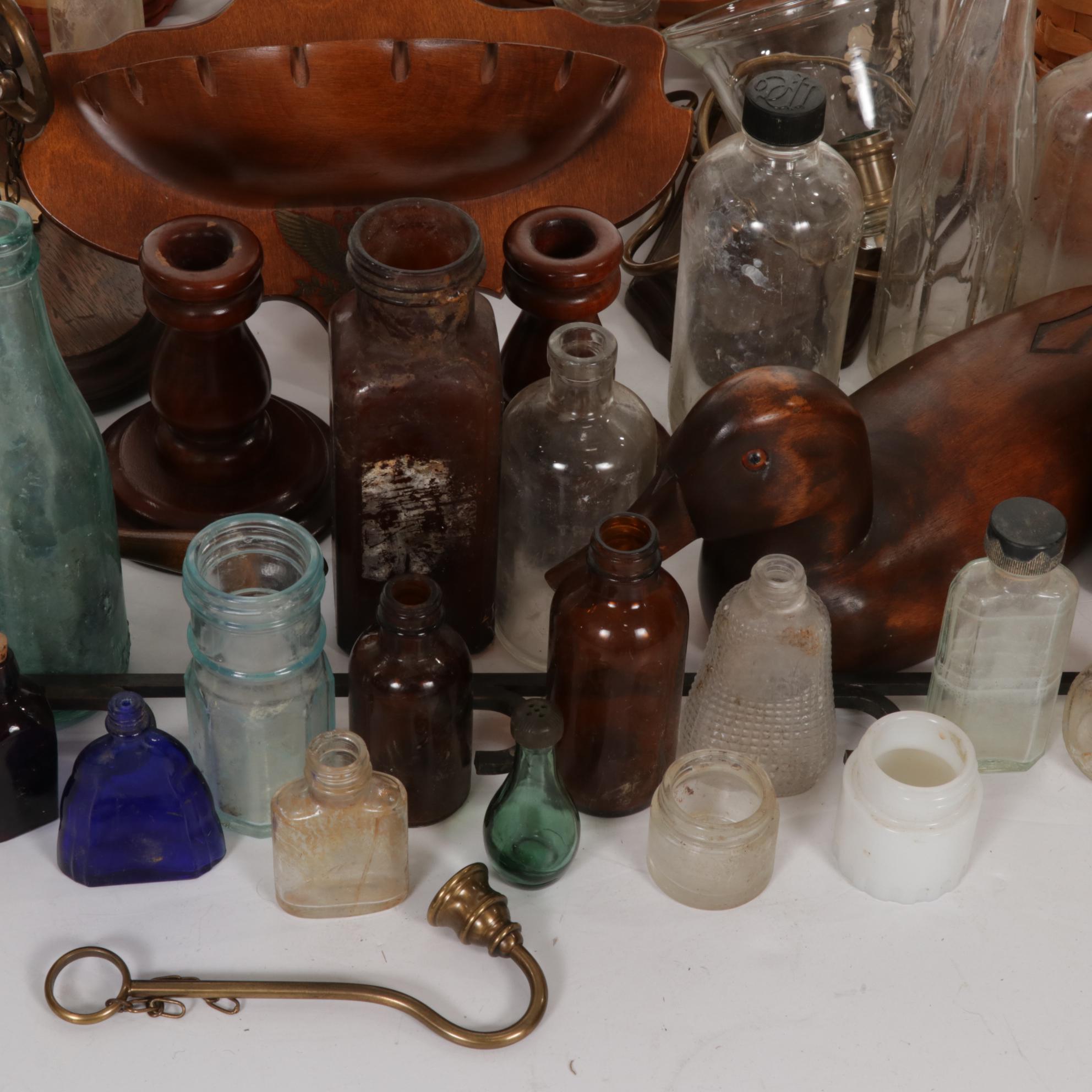 Glass Bottles, Longaberger Baskets, Electric Lamp and Other Primitive Decor