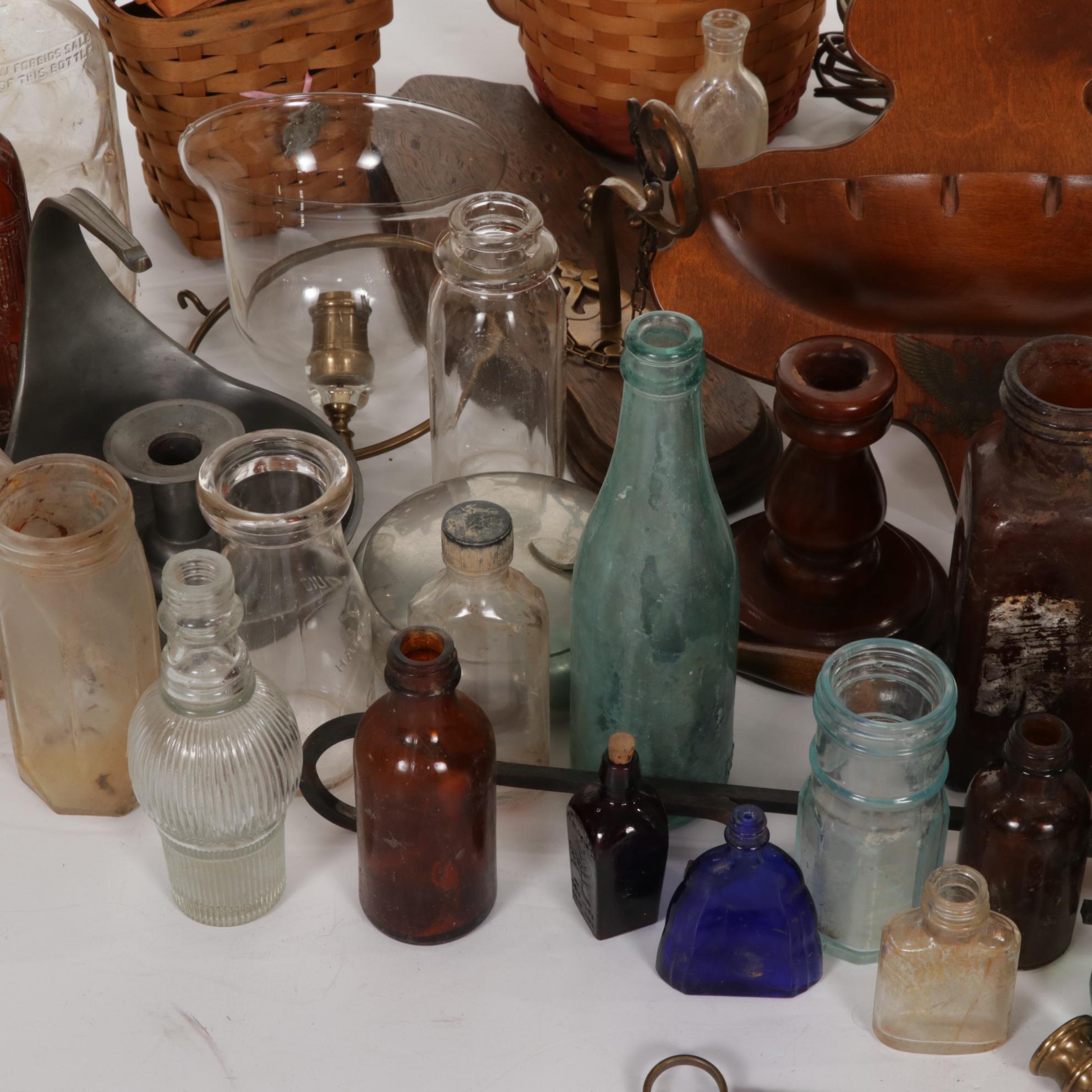 Glass Bottles, Longaberger Baskets, Electric Lamp and Other Primitive Decor