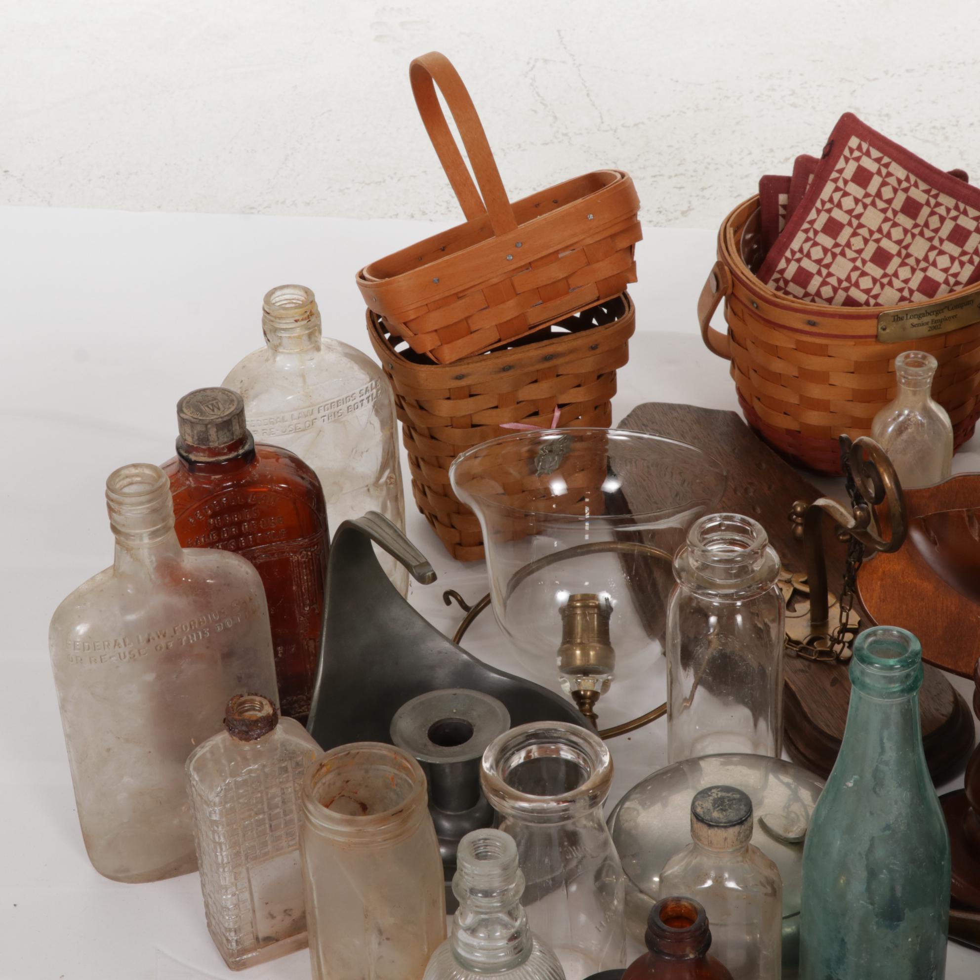 Glass Bottles, Longaberger Baskets, Electric Lamp and Other Primitive Decor