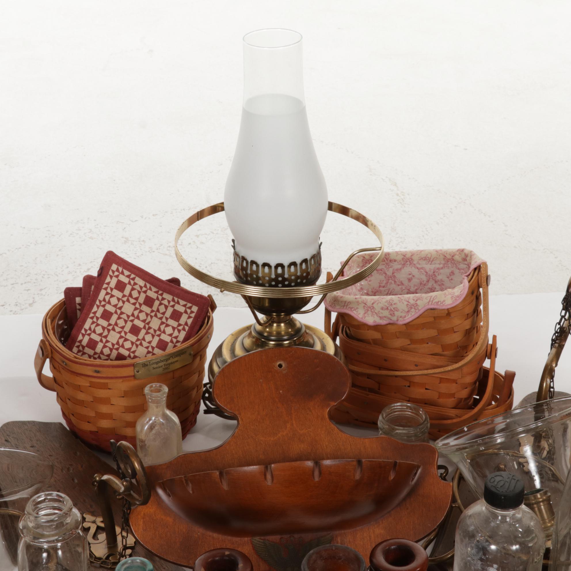 Glass Bottles, Longaberger Baskets, Electric Lamp and Other Primitive Decor