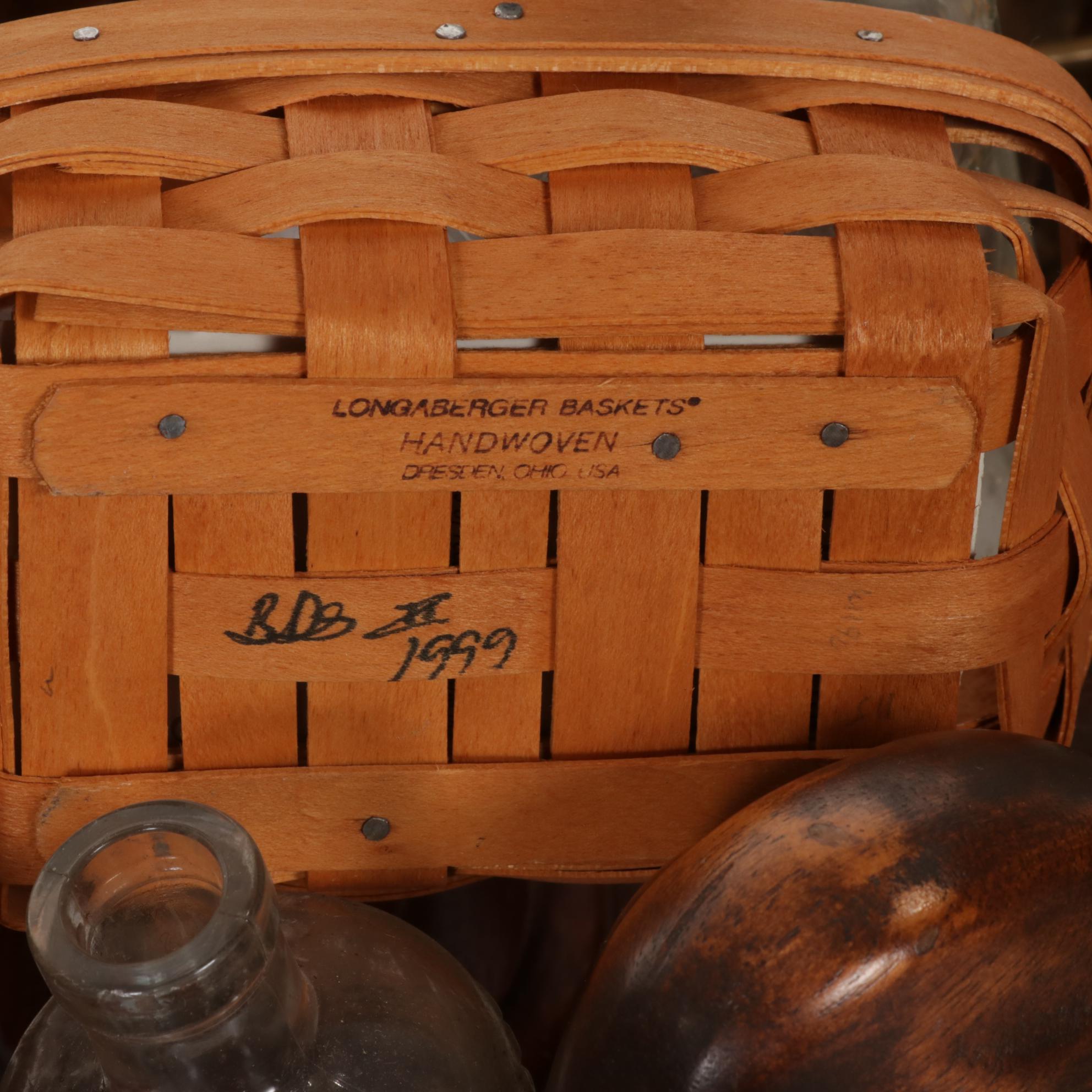 Glass Bottles, Longaberger Baskets, Electric Lamp and Other Primitive Decor