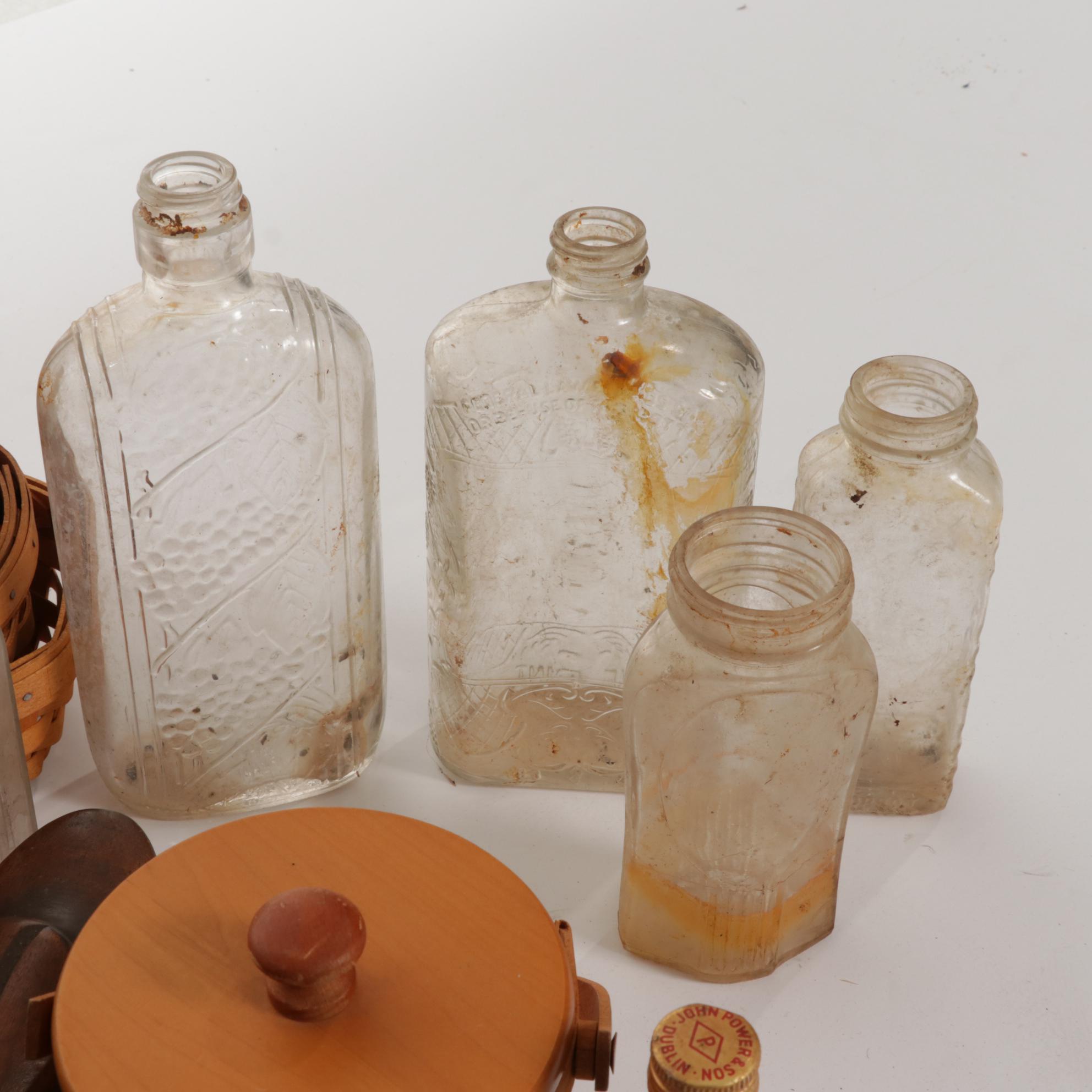 Glass Bottles, Longaberger Baskets, Electric Lamp and Other Primitive Decor