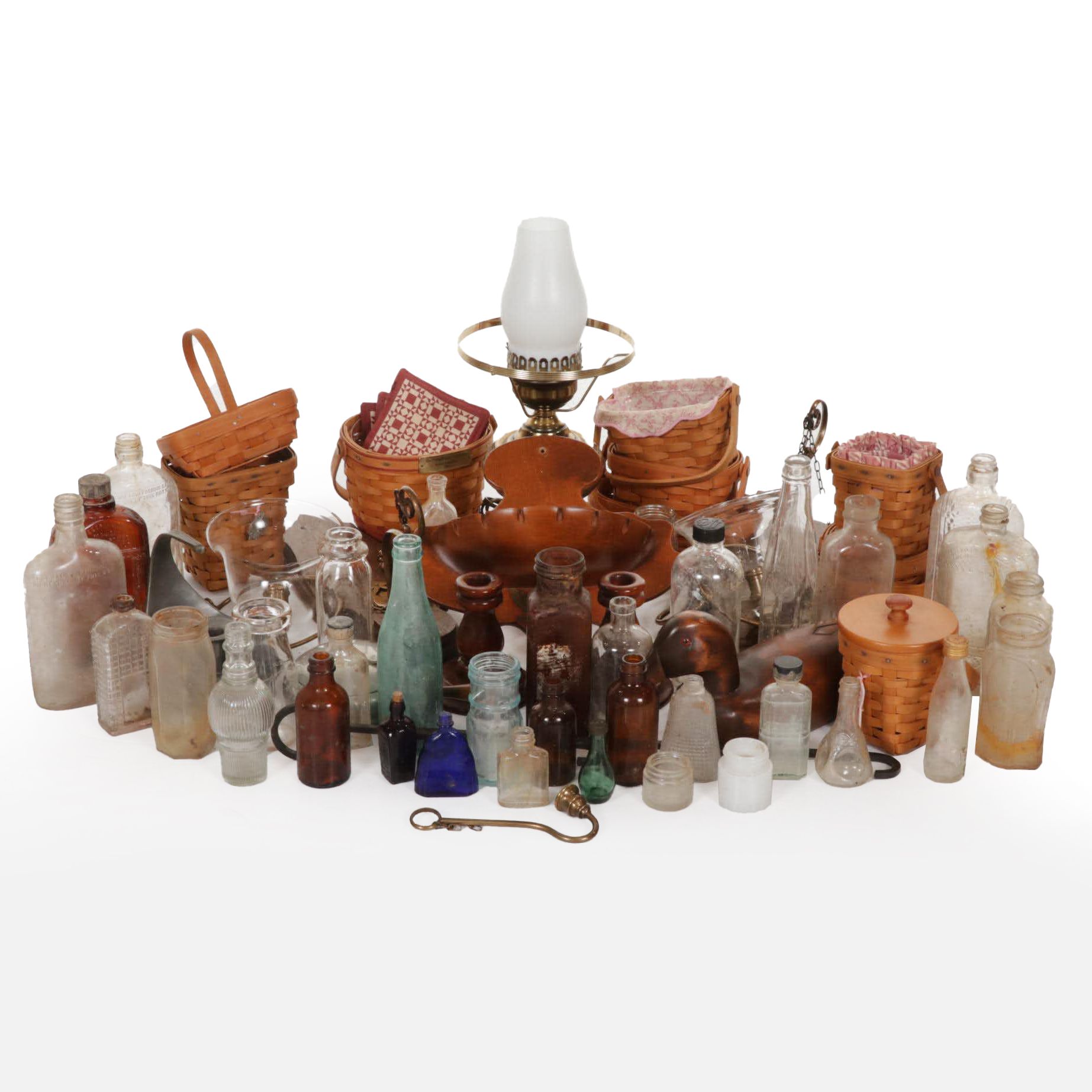 Glass Bottles, Longaberger Baskets, Electric Lamp and Other Primitive Decor