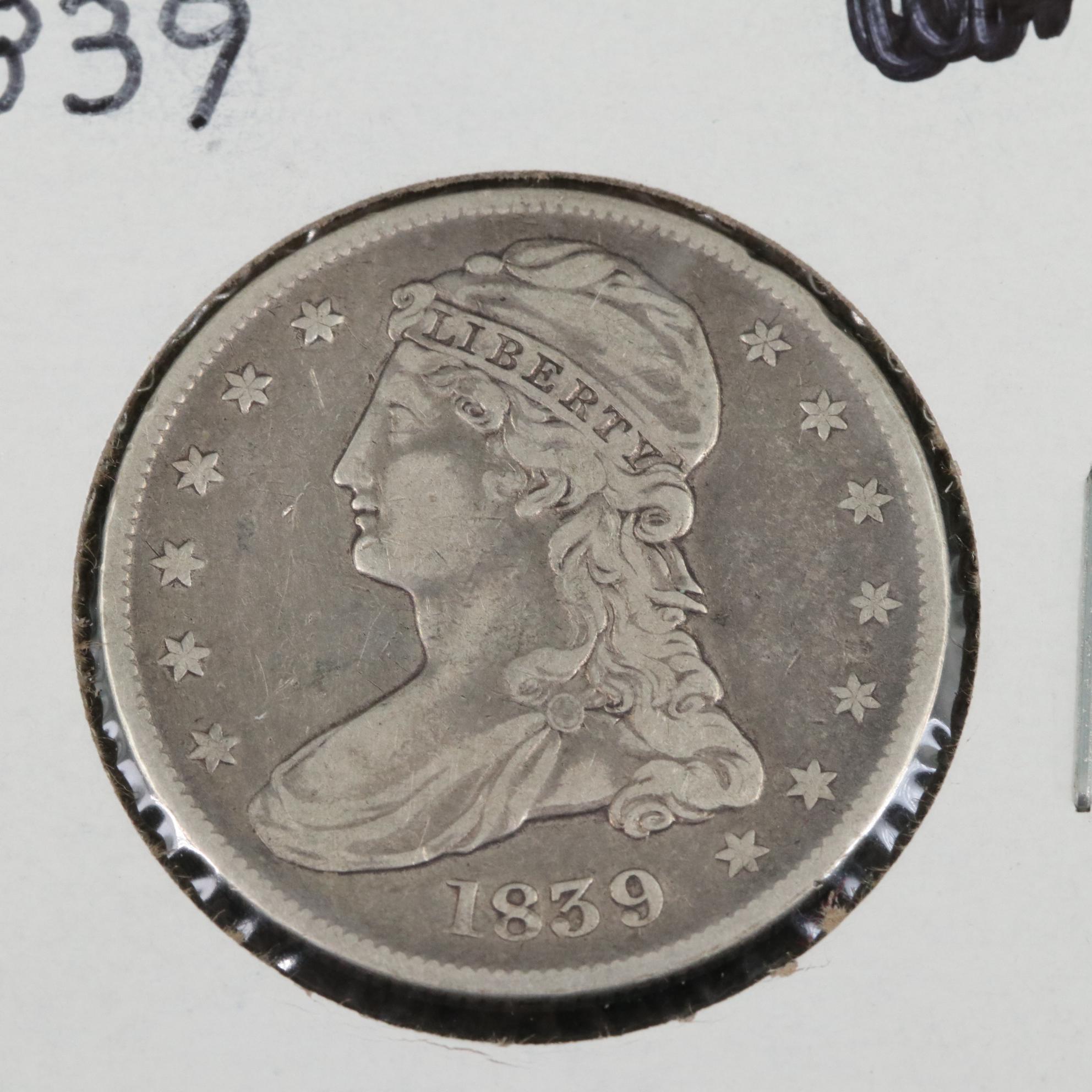 1839 Reeded Edge Capped Bust Silver Half Dollar