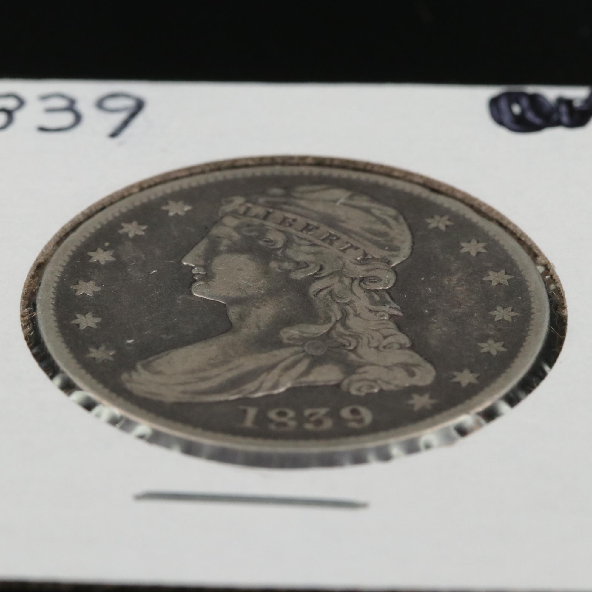 1839 Reeded Edge Capped Bust Silver Half Dollar