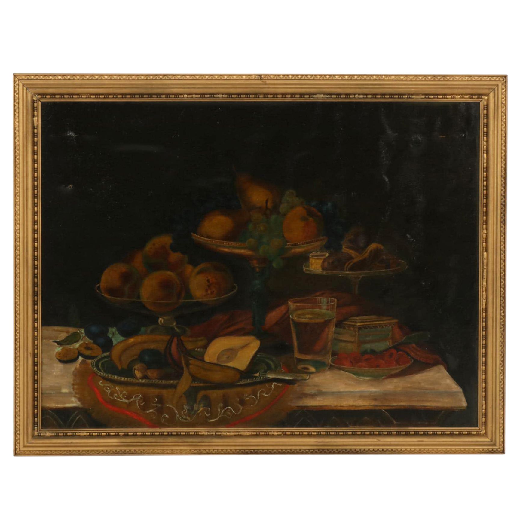 American School Still Life Oil Painting With Fruit, 19th Century