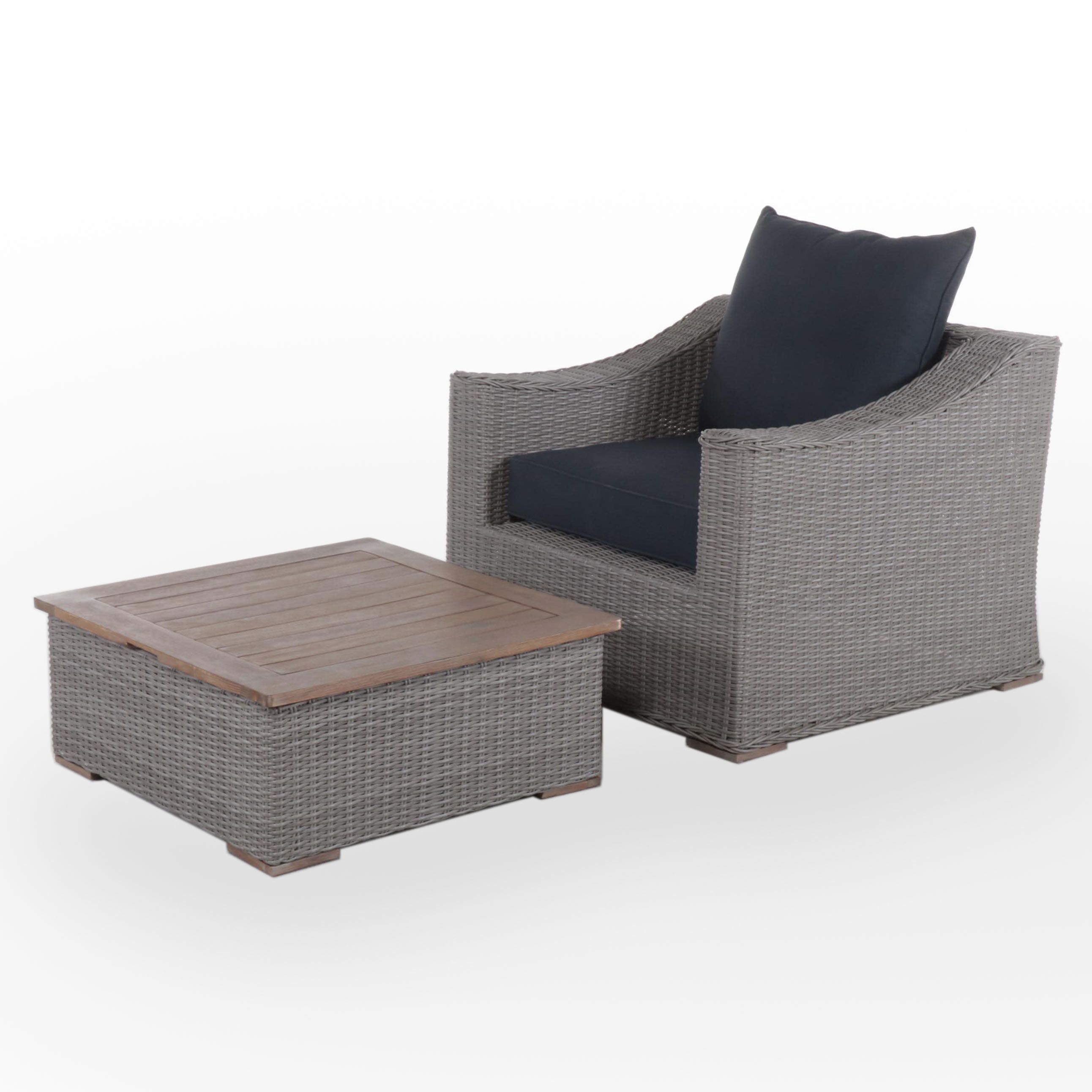 Contemporary PE Rattan Patio Lounge Chair with Storage Coffee Table