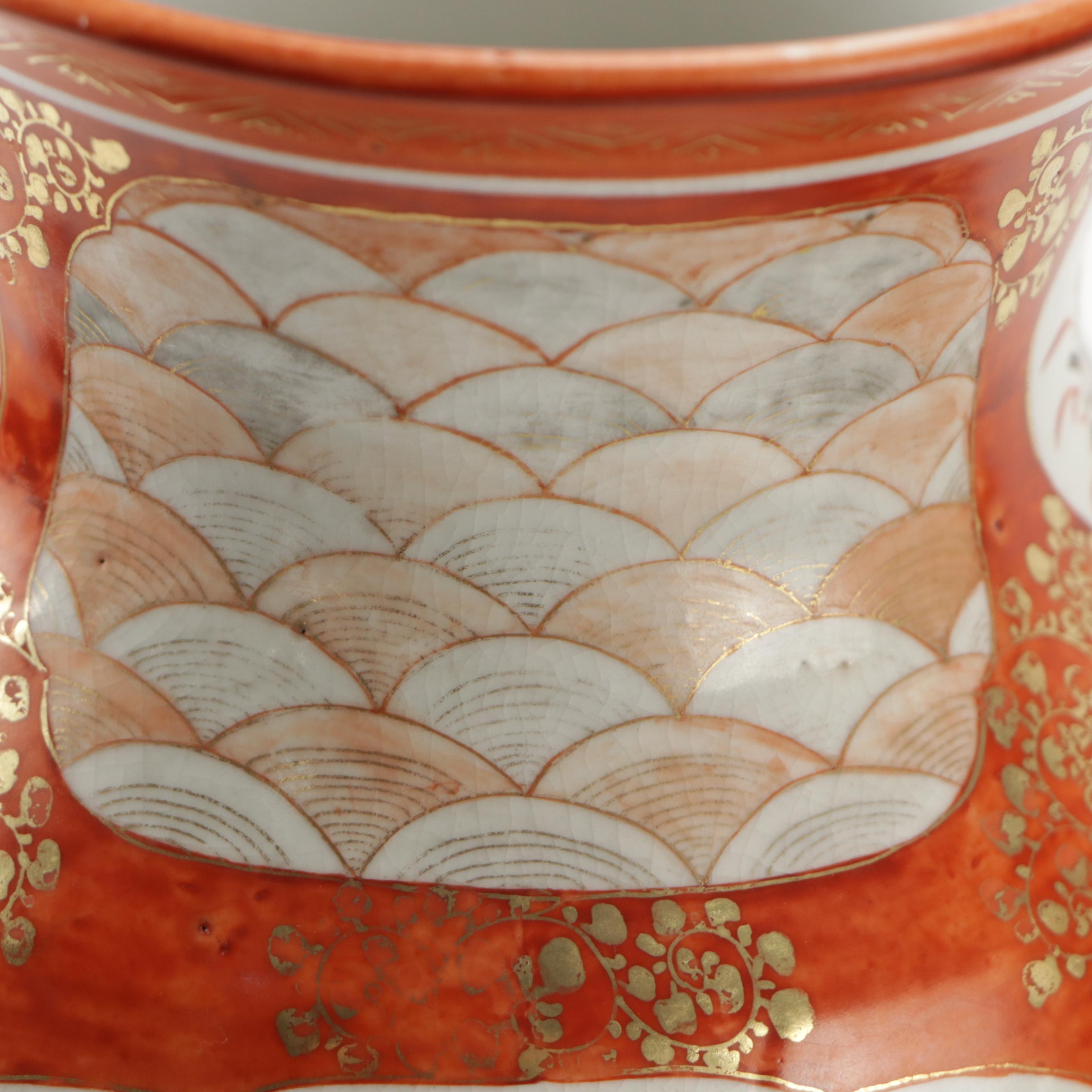 Japanese Kutani Hand-Painted Gilt Porcelain Vases with Carved Teak Wood Stands