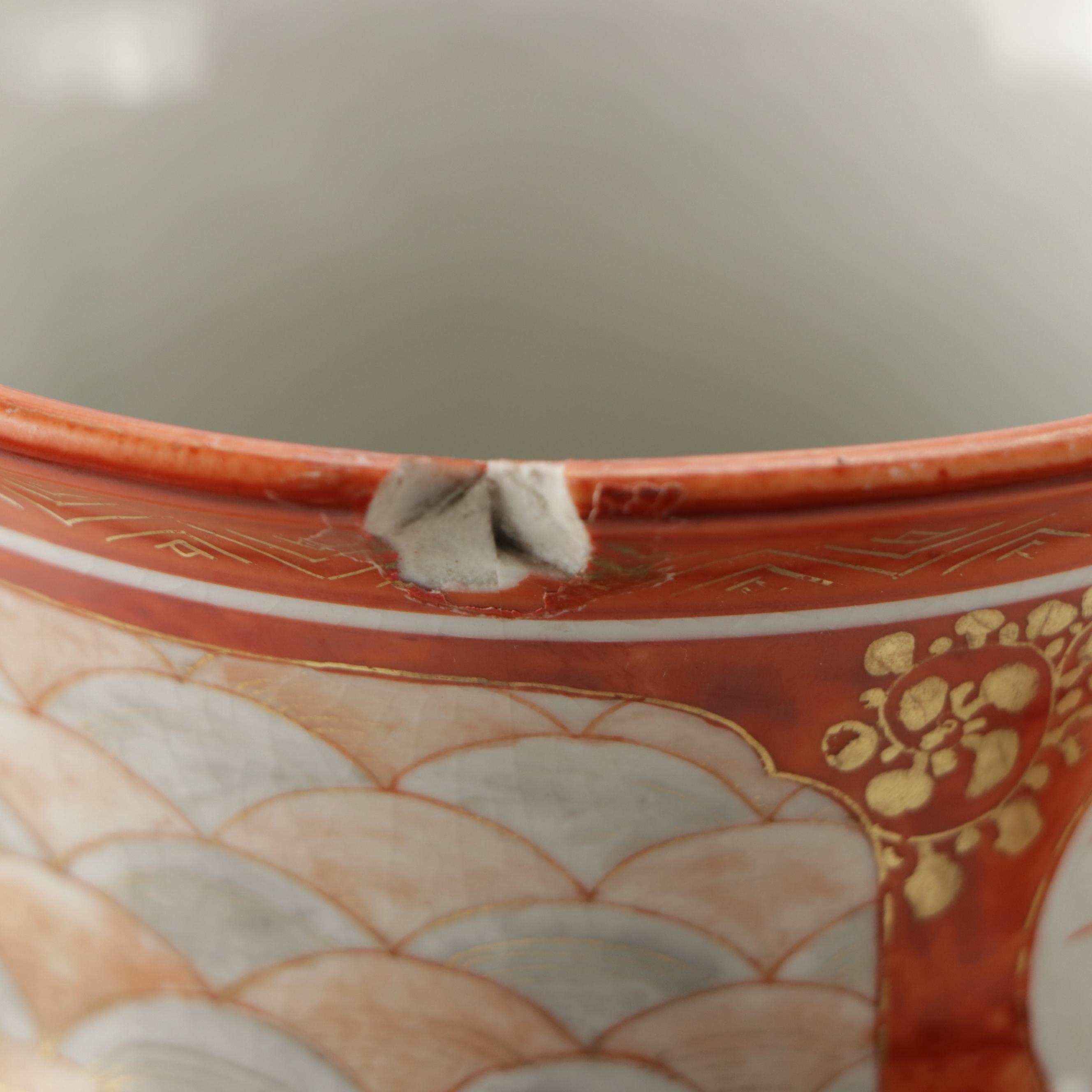 Japanese Kutani Hand-Painted Gilt Porcelain Vases with Carved Teak Wood Stands