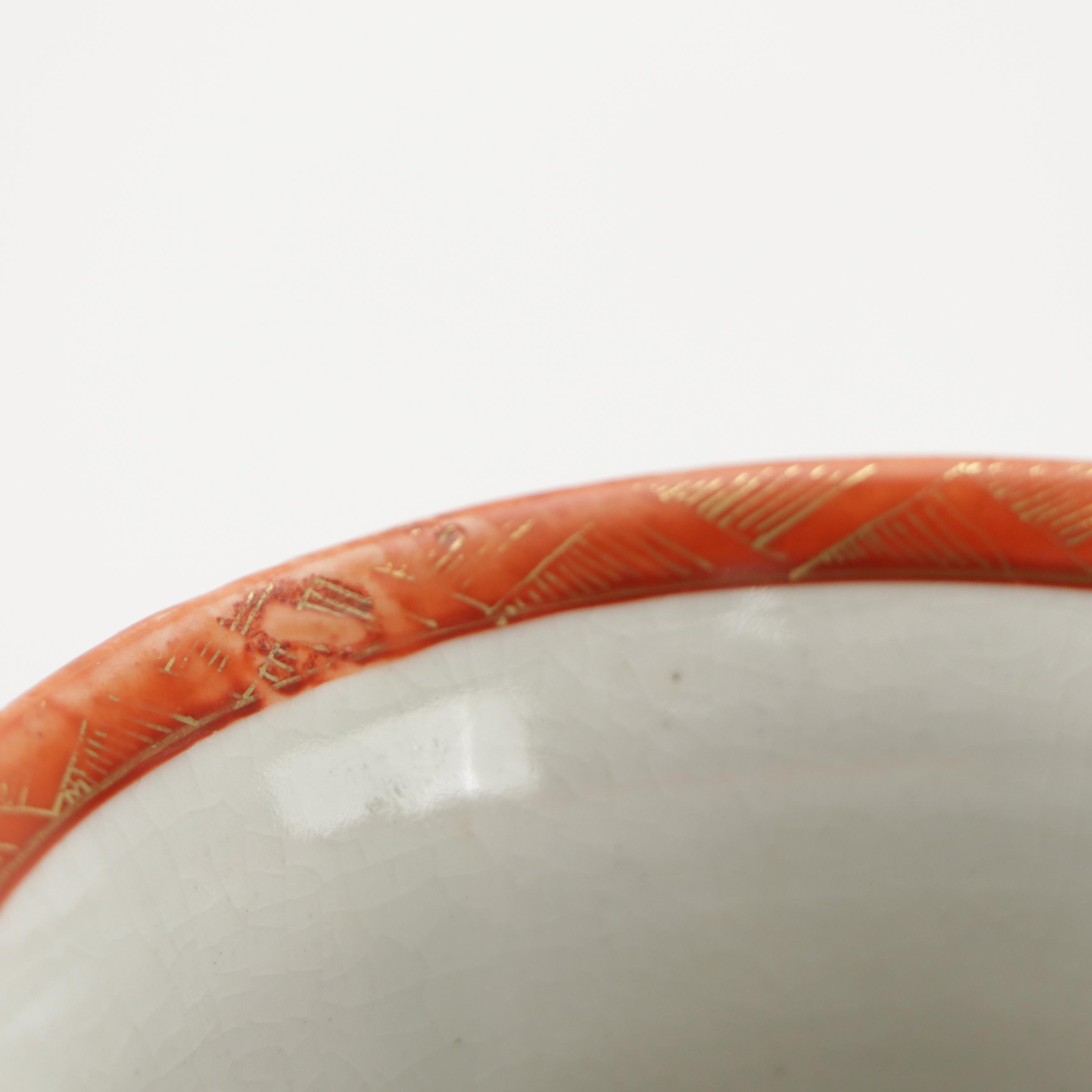 Japanese Kutani Hand-Painted Gilt Porcelain Vases with Carved Teak Wood Stands