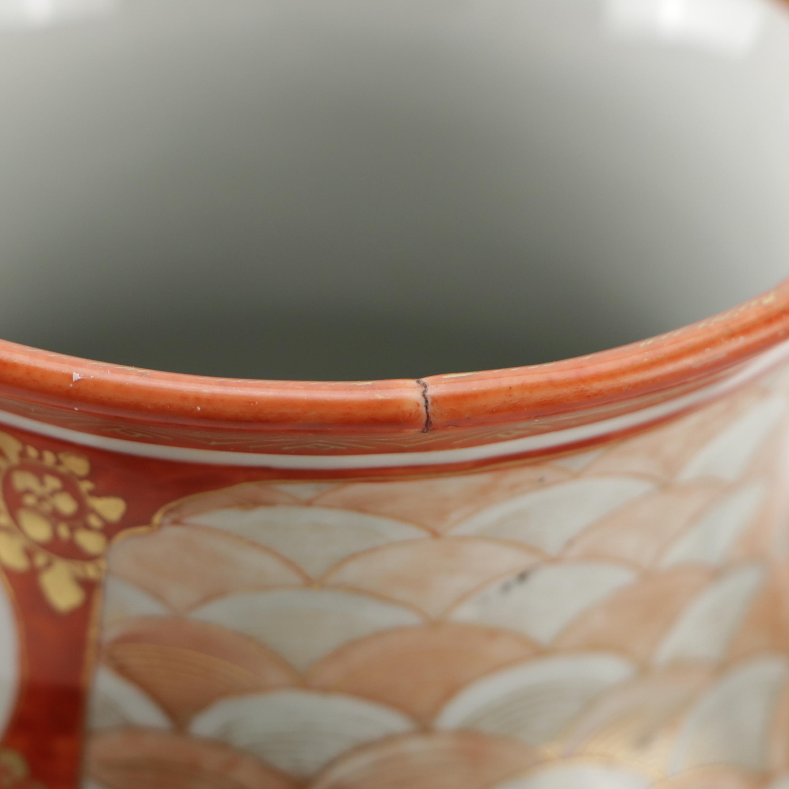 Japanese Kutani Hand-Painted Gilt Porcelain Vases with Carved Teak Wood Stands