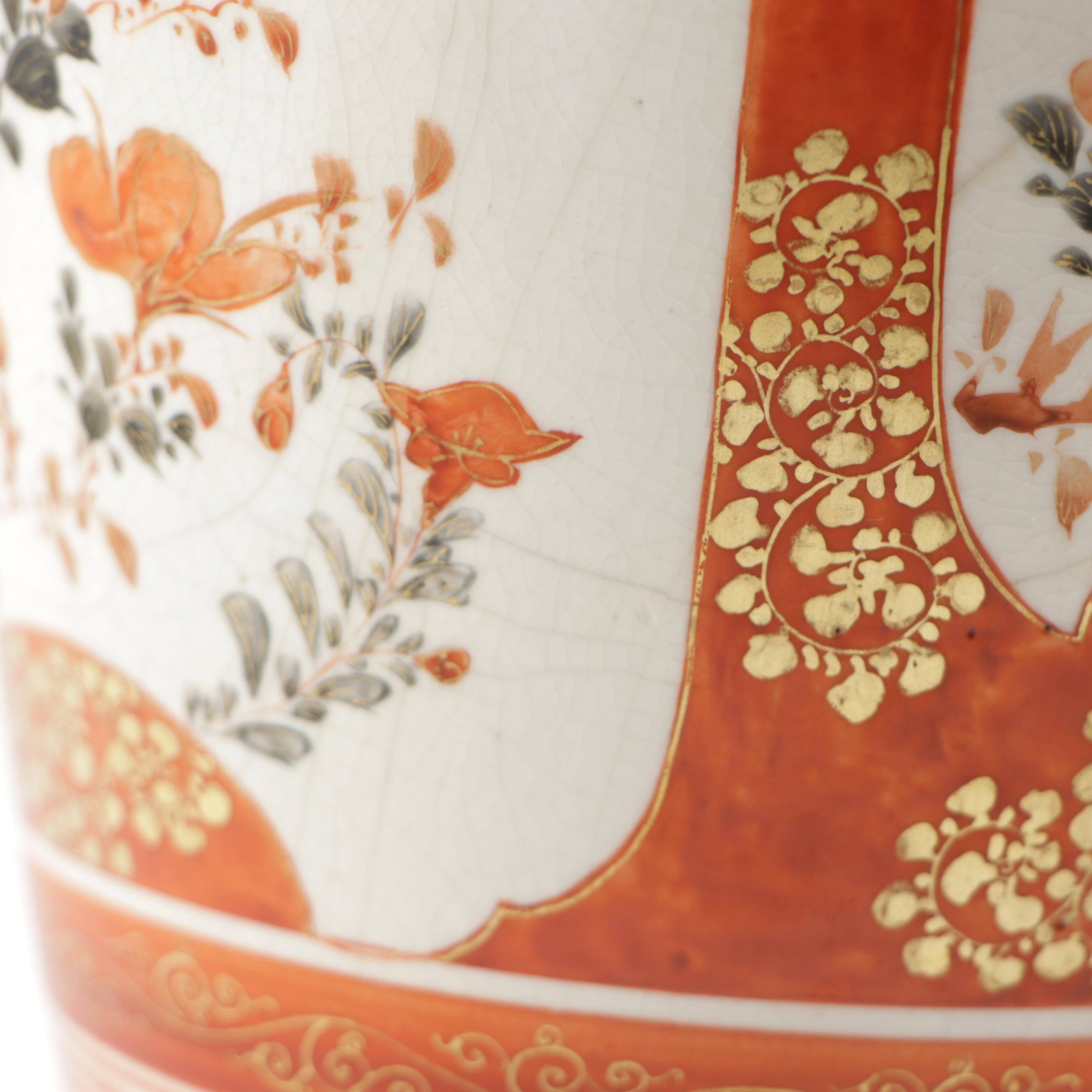 Japanese Kutani Hand-Painted Gilt Porcelain Vases with Carved Teak Wood Stands