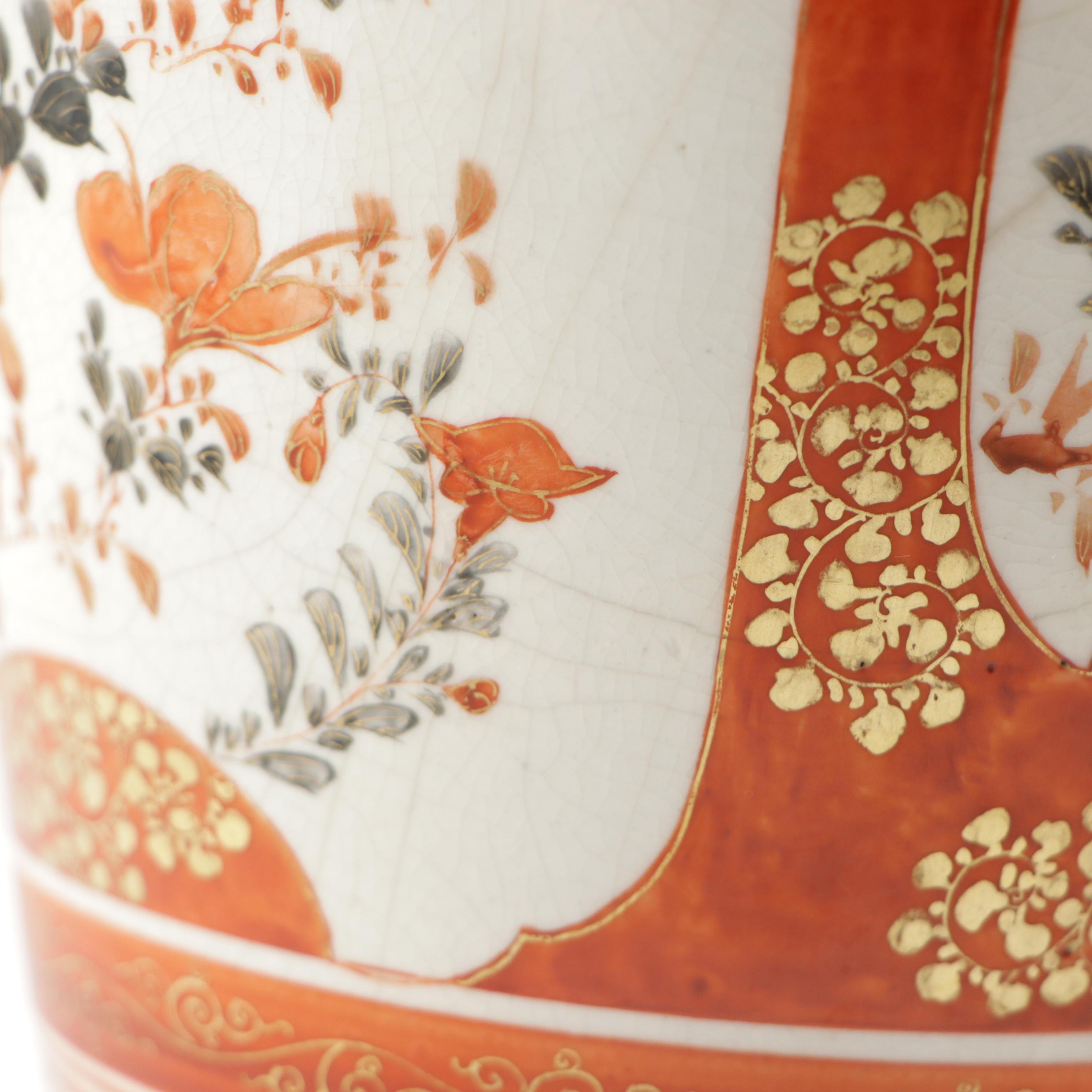 Japanese Kutani Hand-Painted Gilt Porcelain Vases with Carved Teak Wood Stands