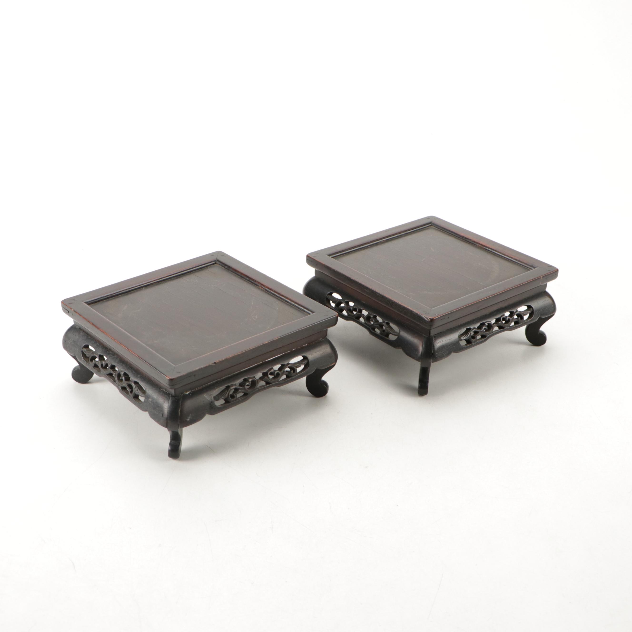 Japanese Kutani Hand-Painted Gilt Porcelain Vases with Carved Teak Wood Stands