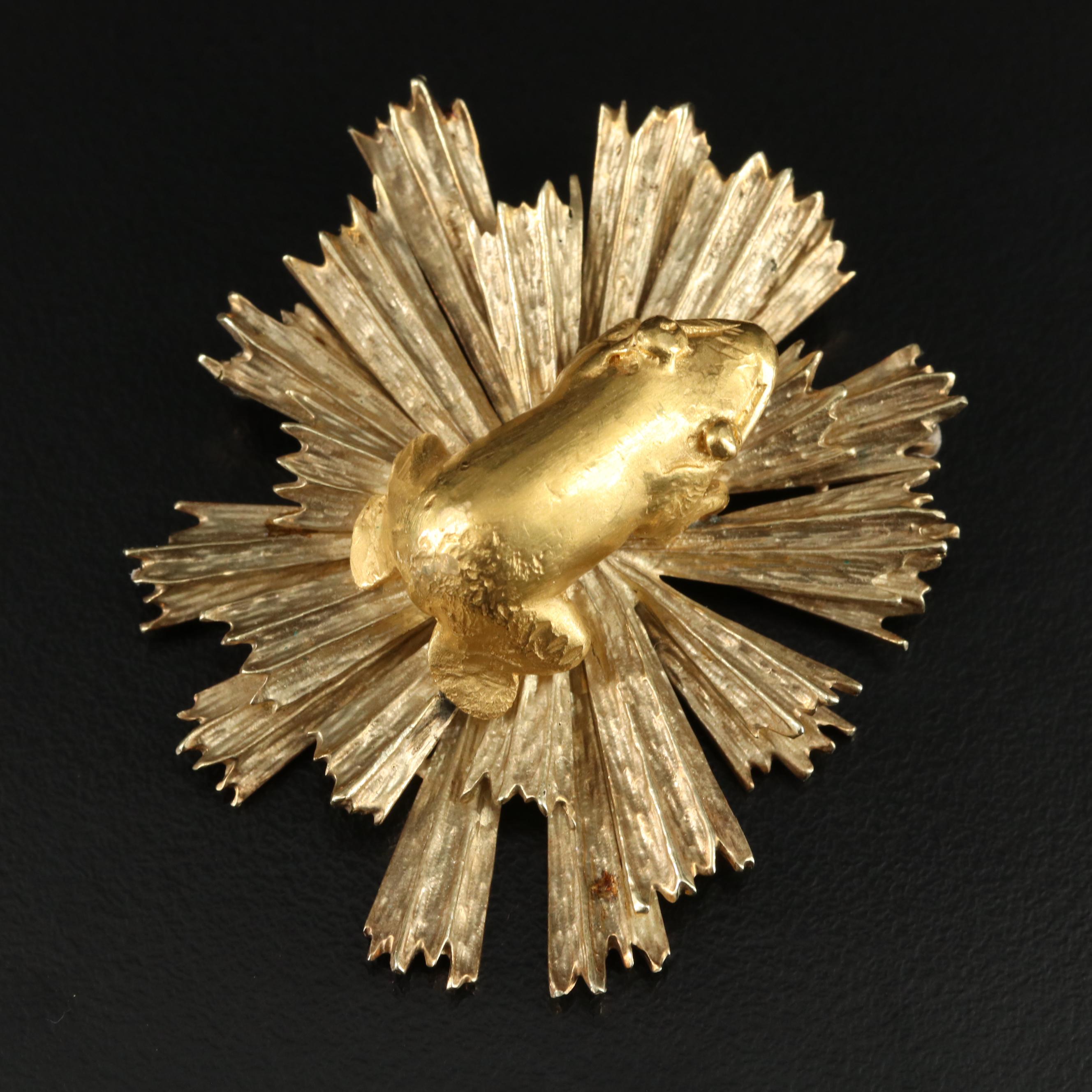 20K Mesoamerican Styled Frog on 14K Spray Brooch