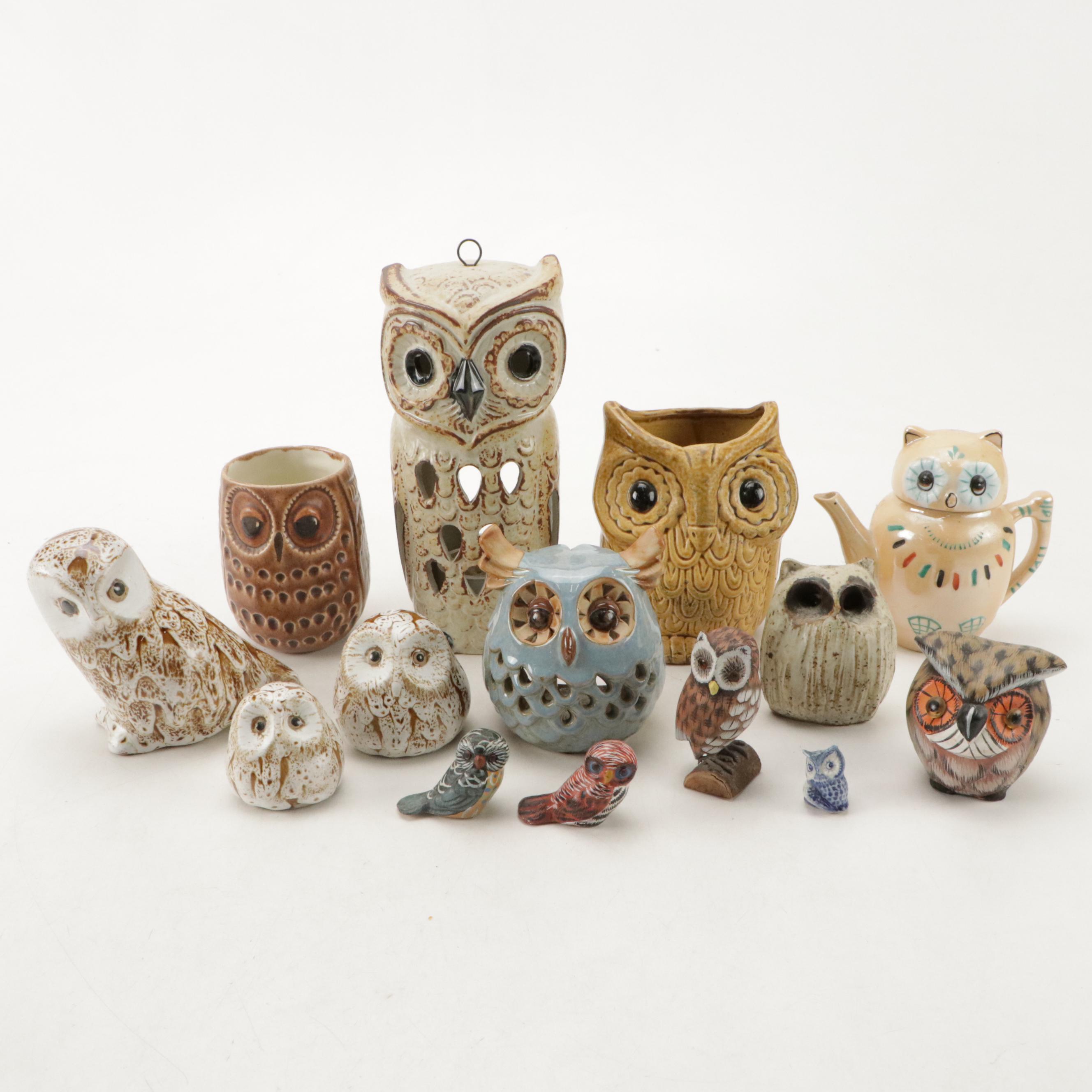 Pigeon Forge Pottery with Other Owl Figurines and Teapot, Mid to Late 20th C.