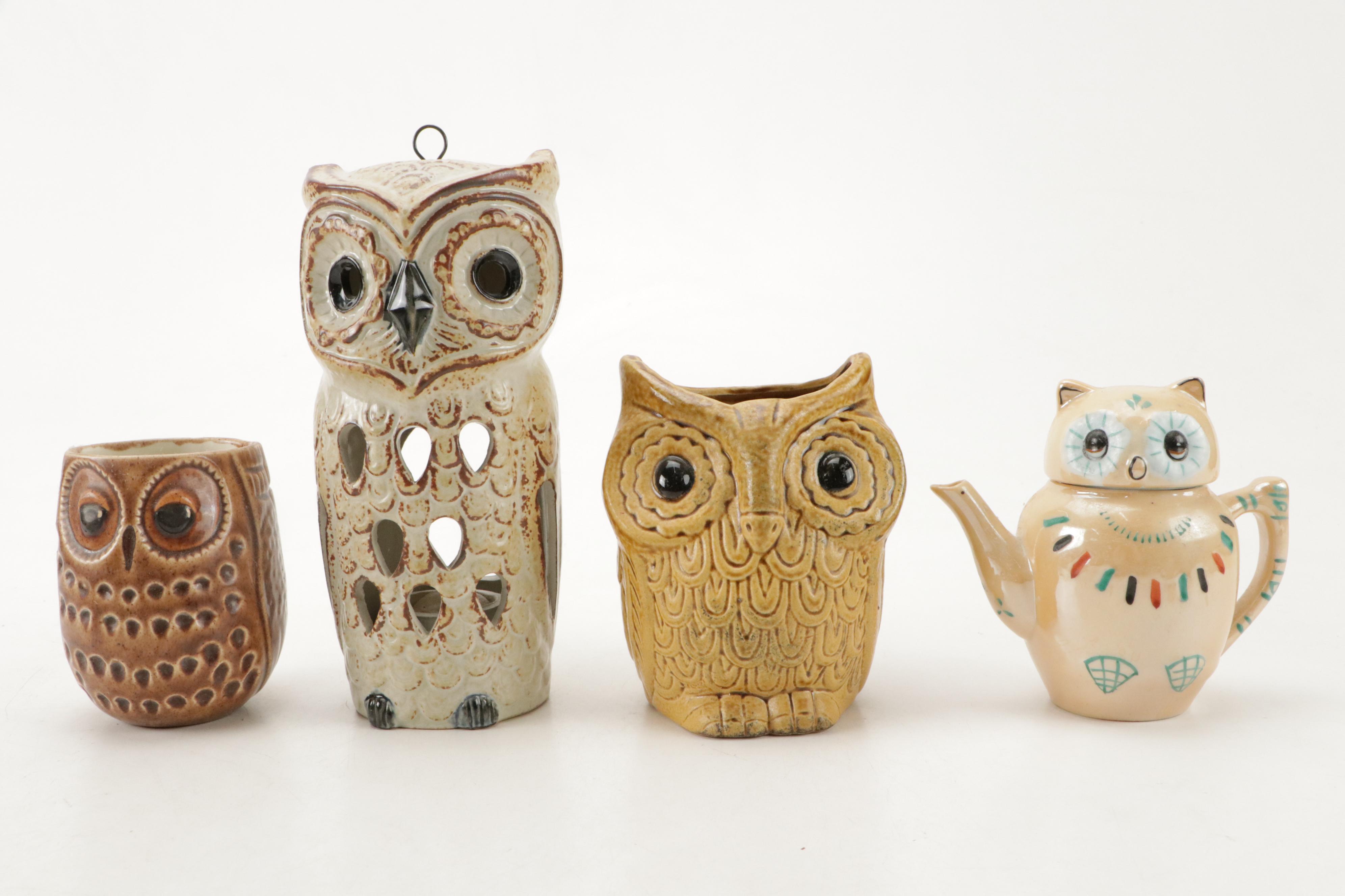 Pigeon Forge Pottery with Other Owl Figurines and Teapot, Mid to Late 20th C.