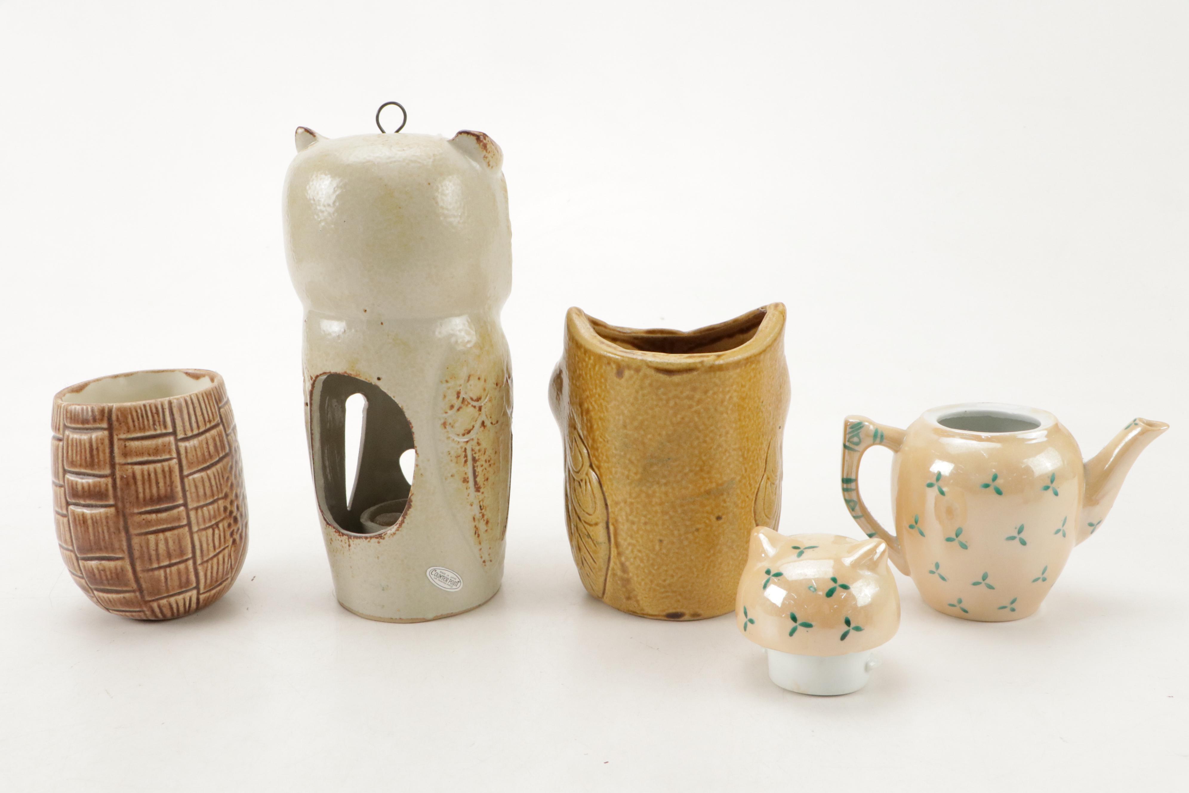 Pigeon Forge Pottery with Other Owl Figurines and Teapot, Mid to Late 20th C.