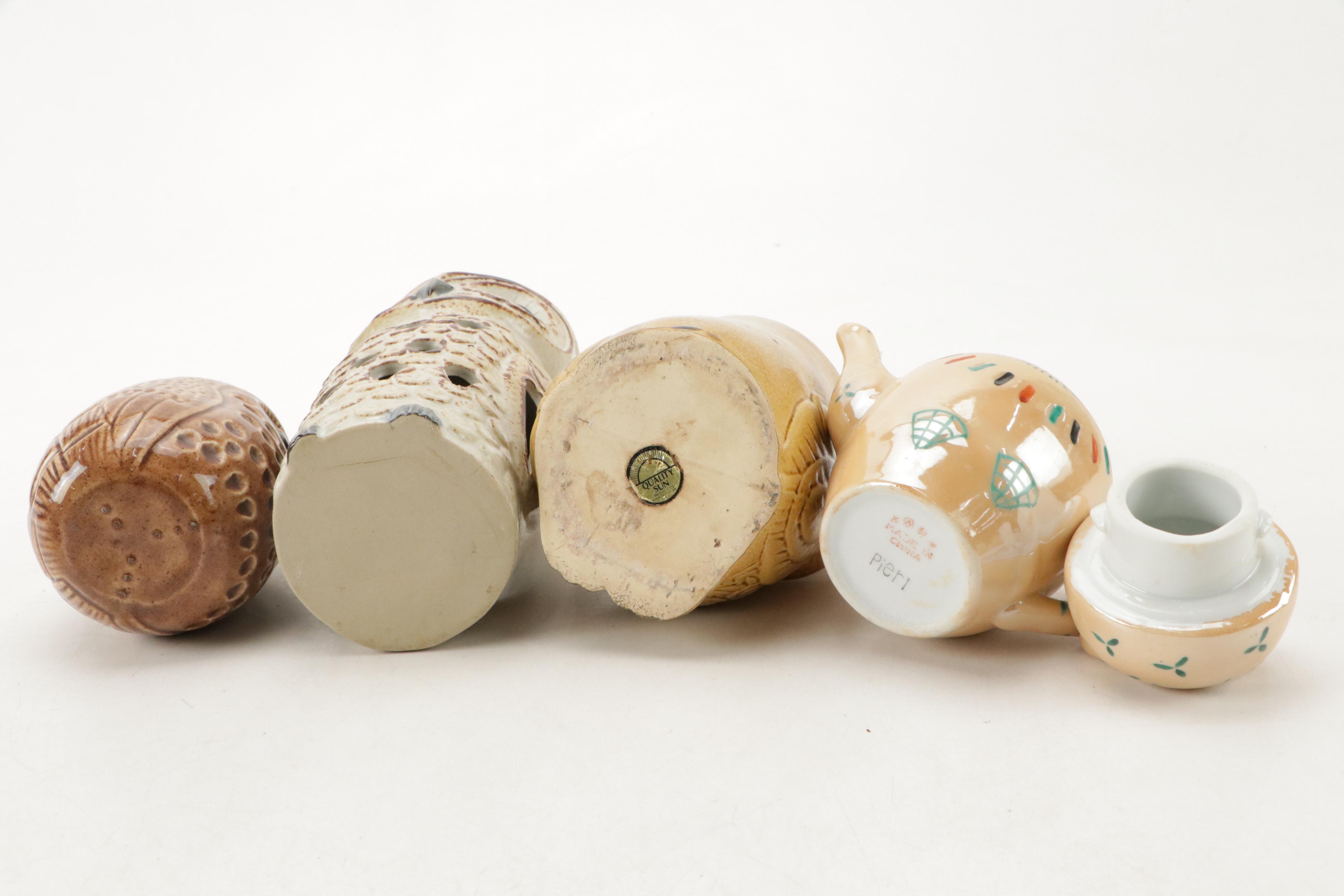 Pigeon Forge Pottery with Other Owl Figurines and Teapot, Mid to Late 20th C.