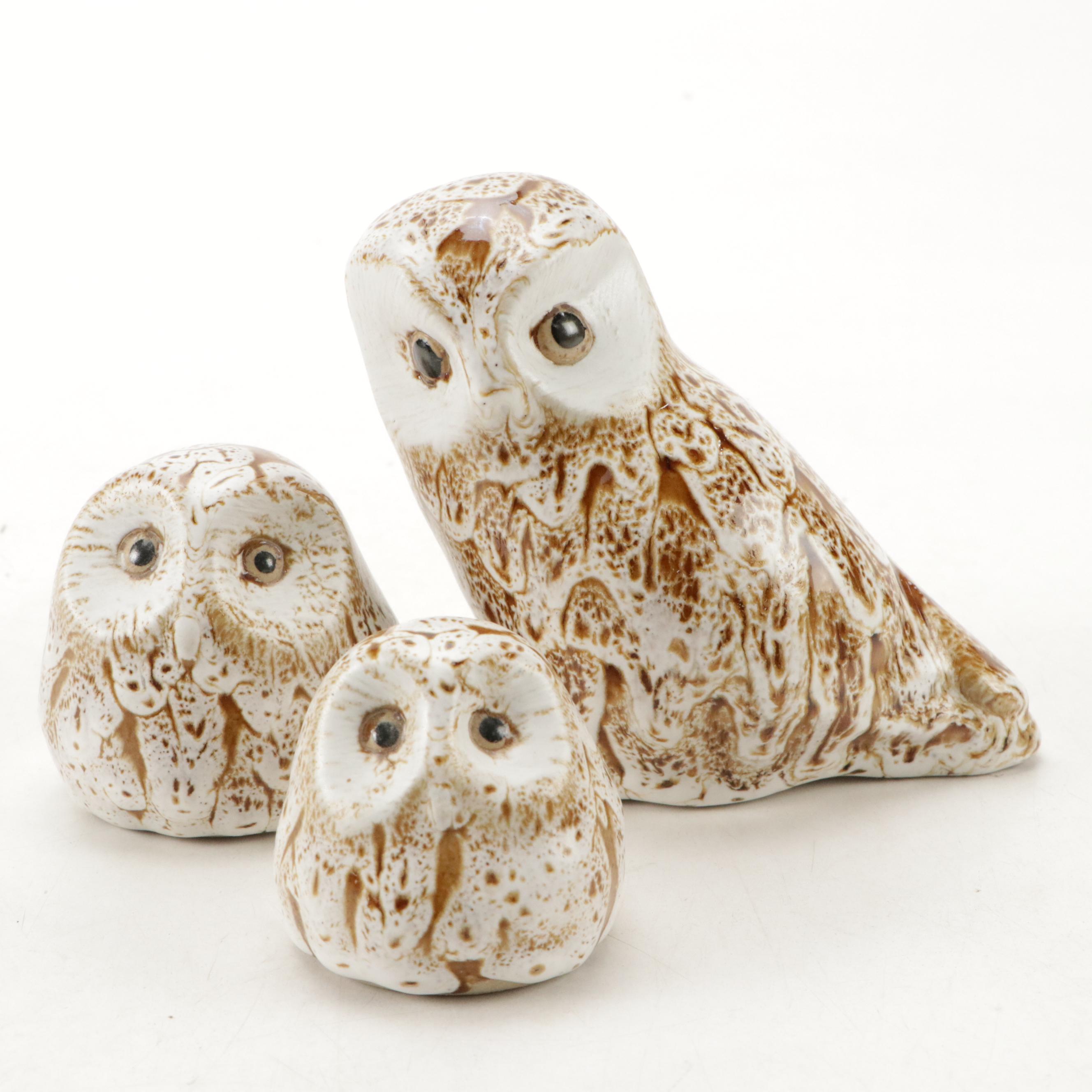 Pigeon Forge Pottery with Other Owl Figurines and Teapot, Mid to Late 20th C.