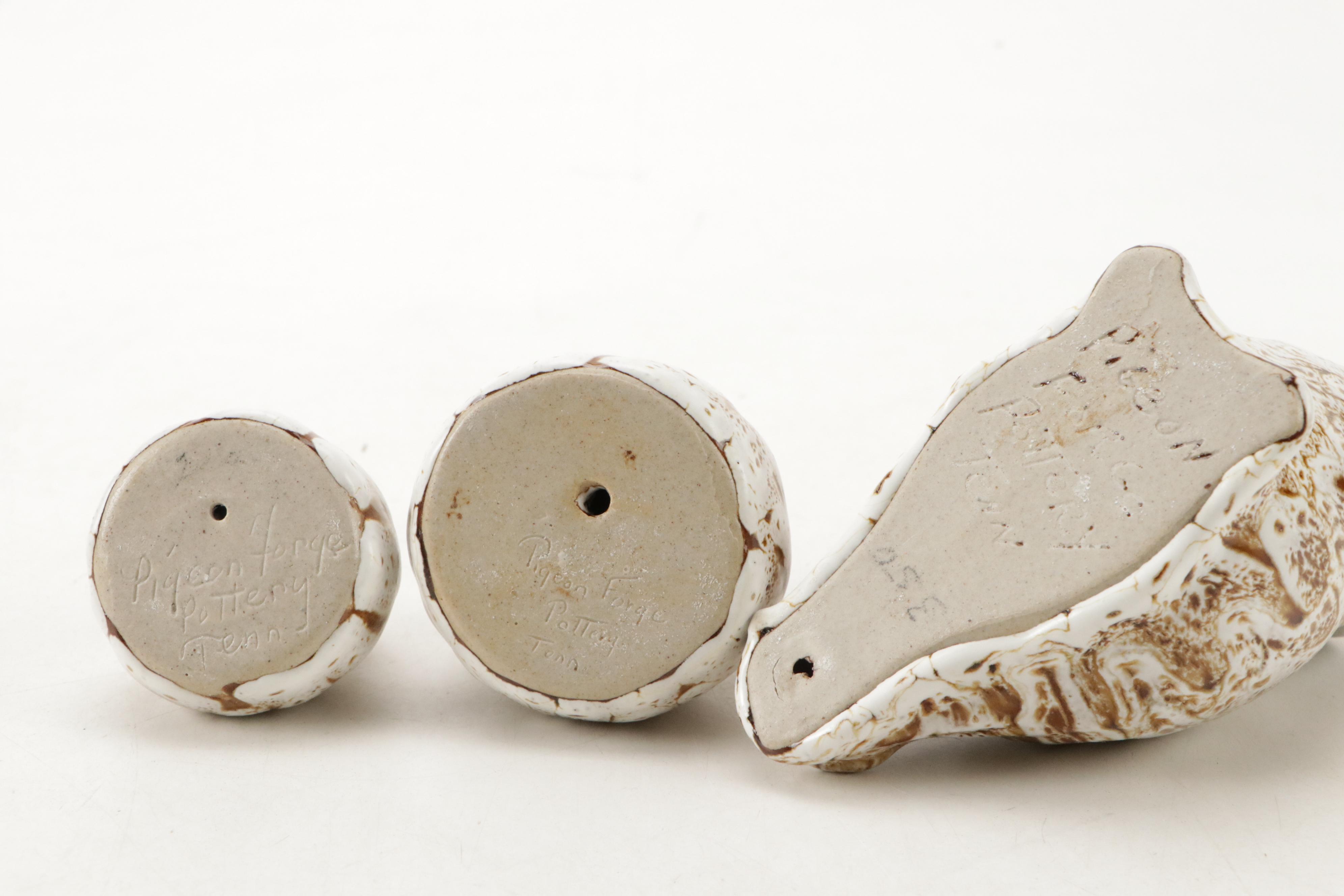 Pigeon Forge Pottery with Other Owl Figurines and Teapot, Mid to Late 20th C.