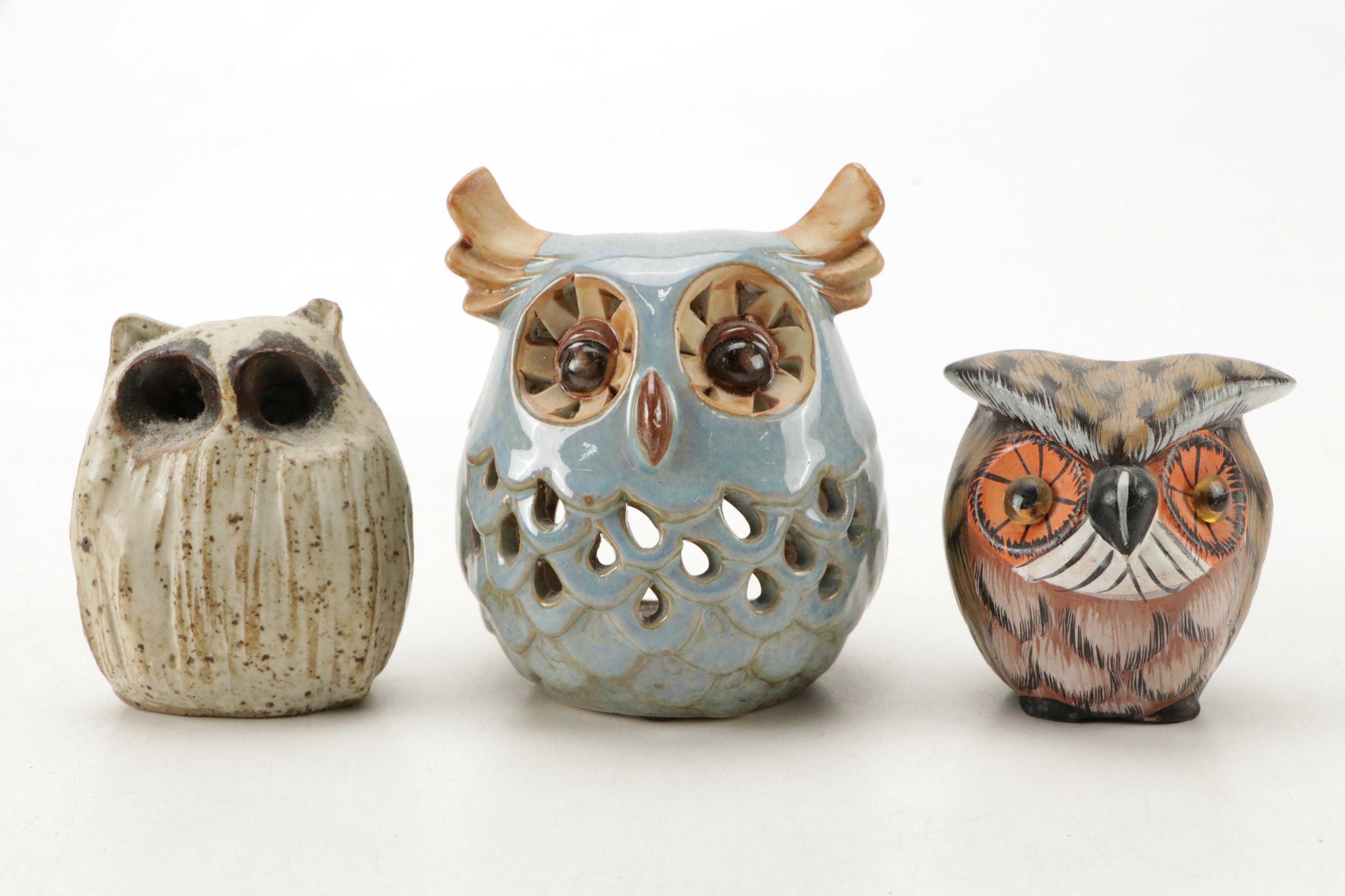Pigeon Forge Pottery with Other Owl Figurines and Teapot, Mid to Late 20th C.