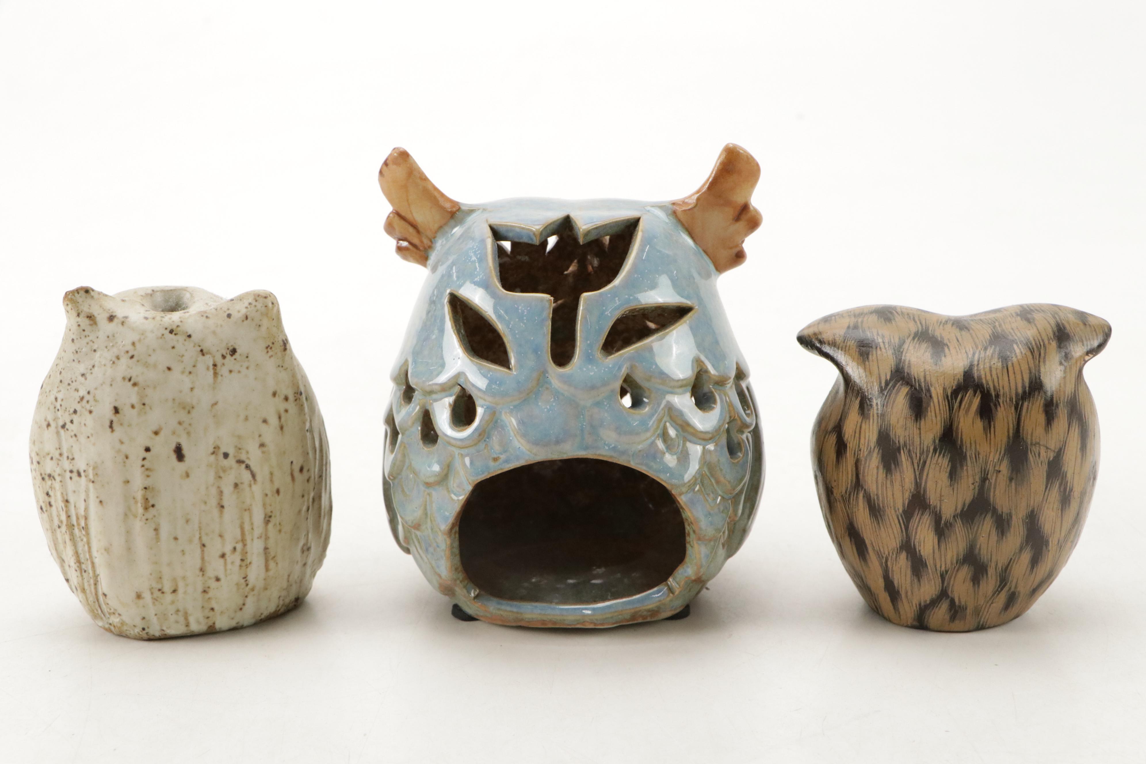 Pigeon Forge Pottery with Other Owl Figurines and Teapot, Mid to Late 20th C.