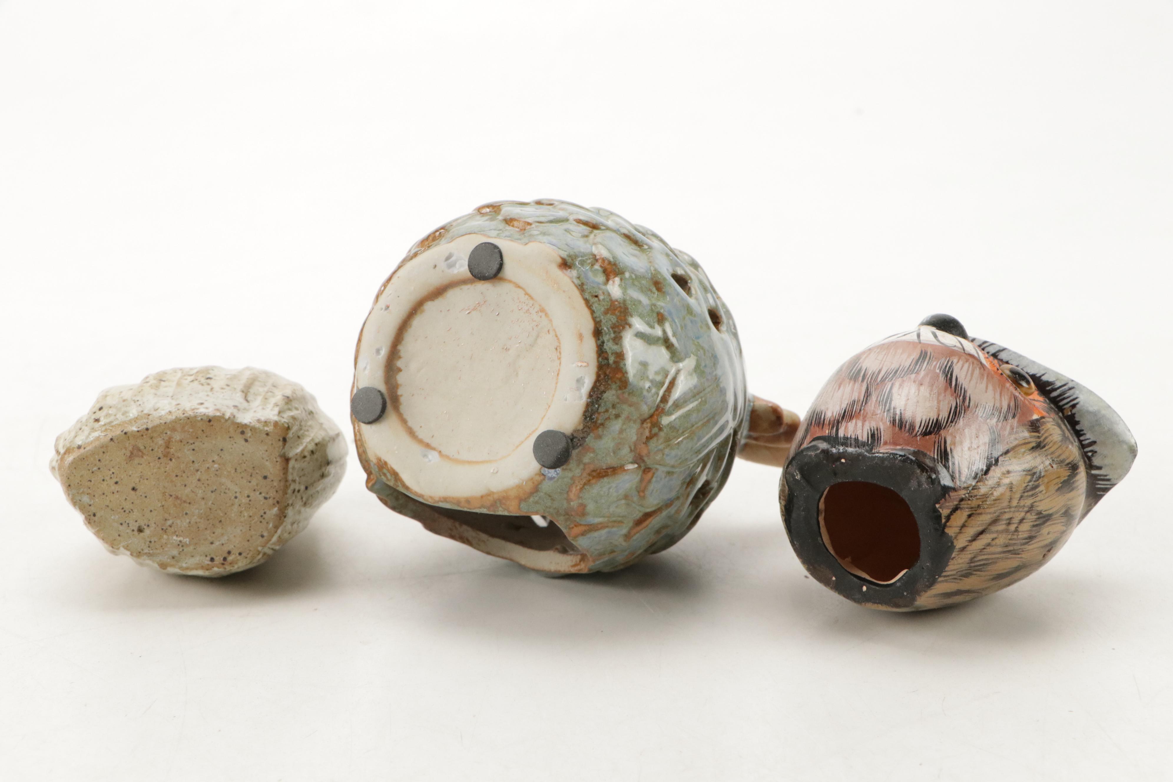 Pigeon Forge Pottery with Other Owl Figurines and Teapot, Mid to Late 20th C.