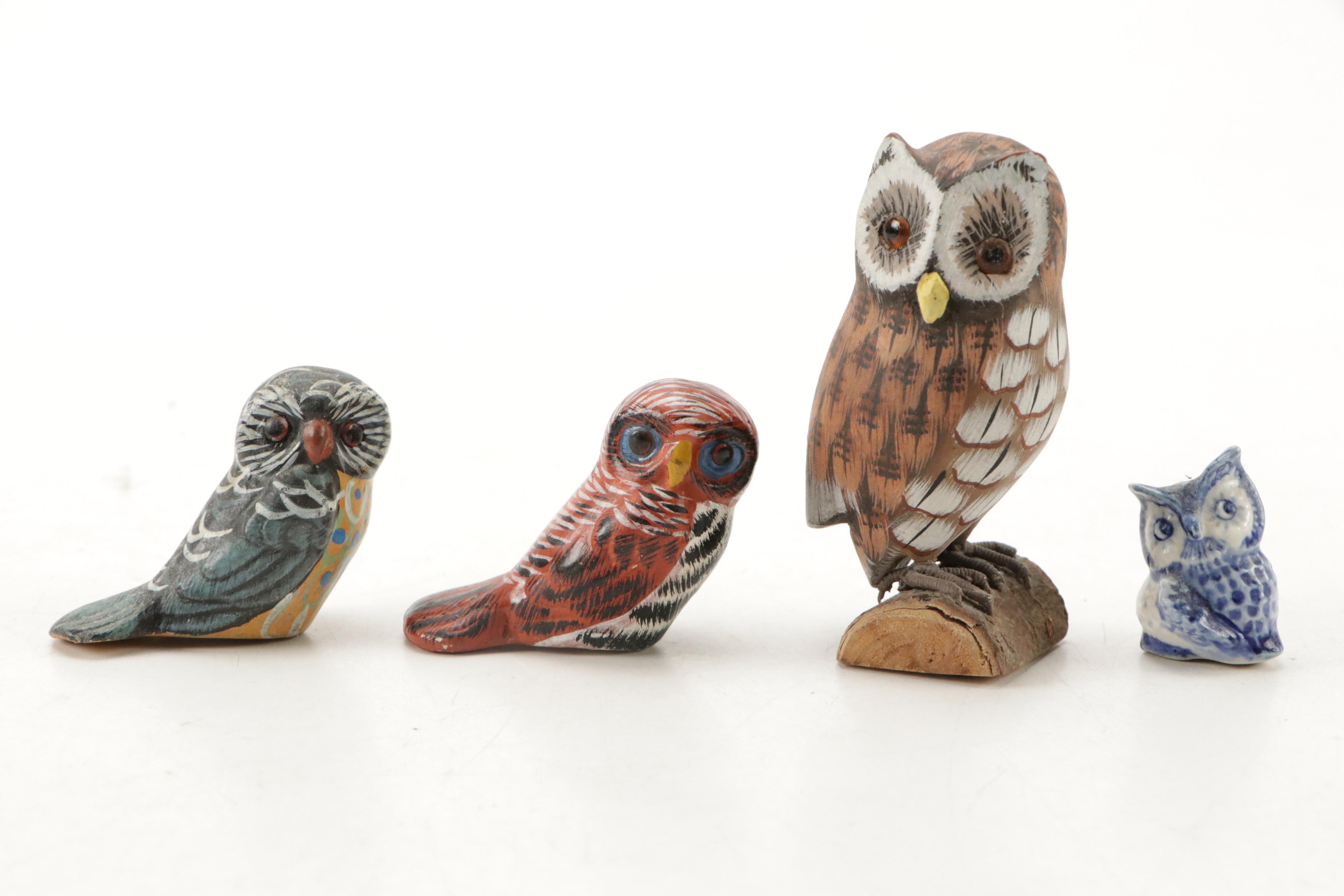 Pigeon Forge Pottery with Other Owl Figurines and Teapot, Mid to Late 20th C.