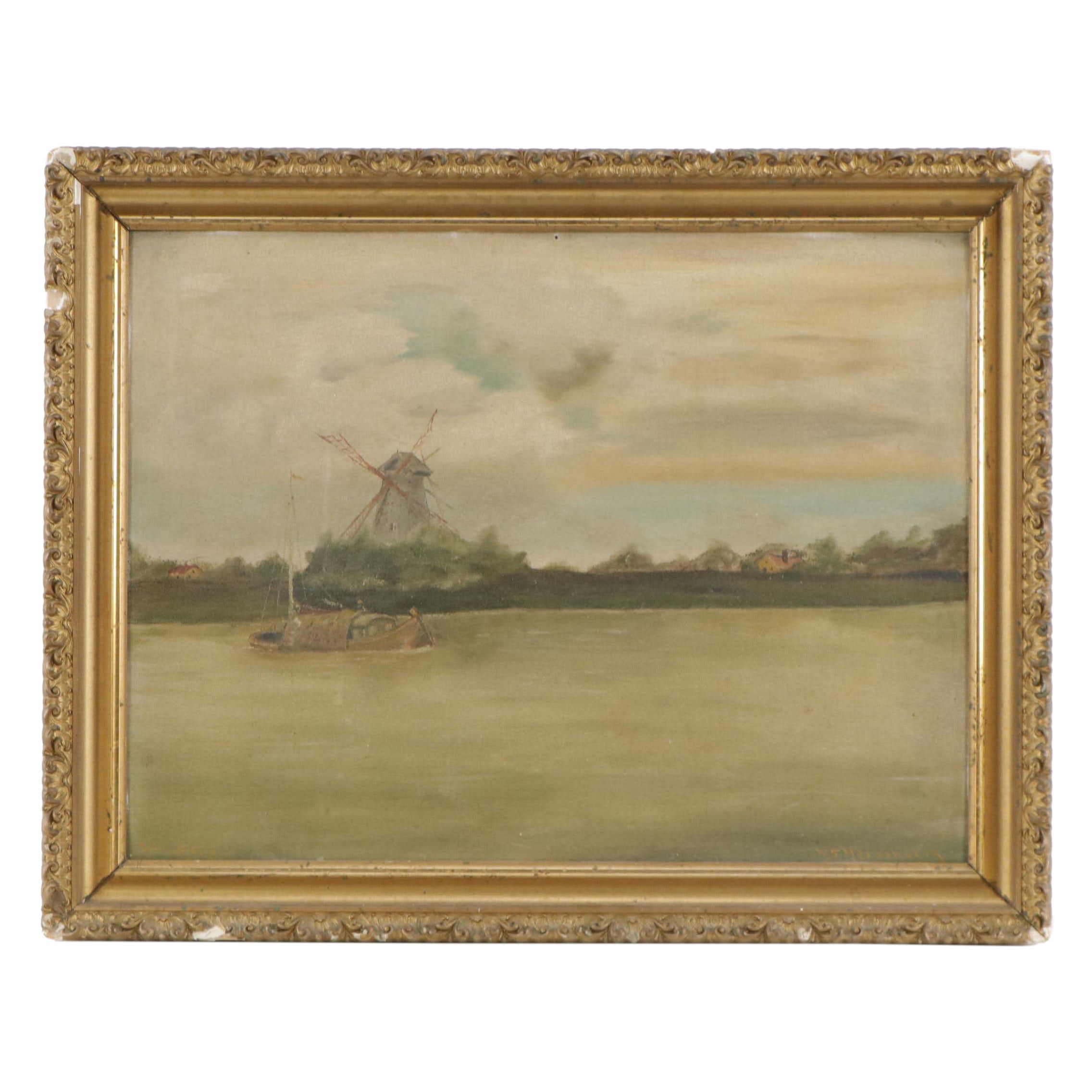 W. S. Harrington Landscape Oil Painting With Windmill and River, Circa 1852