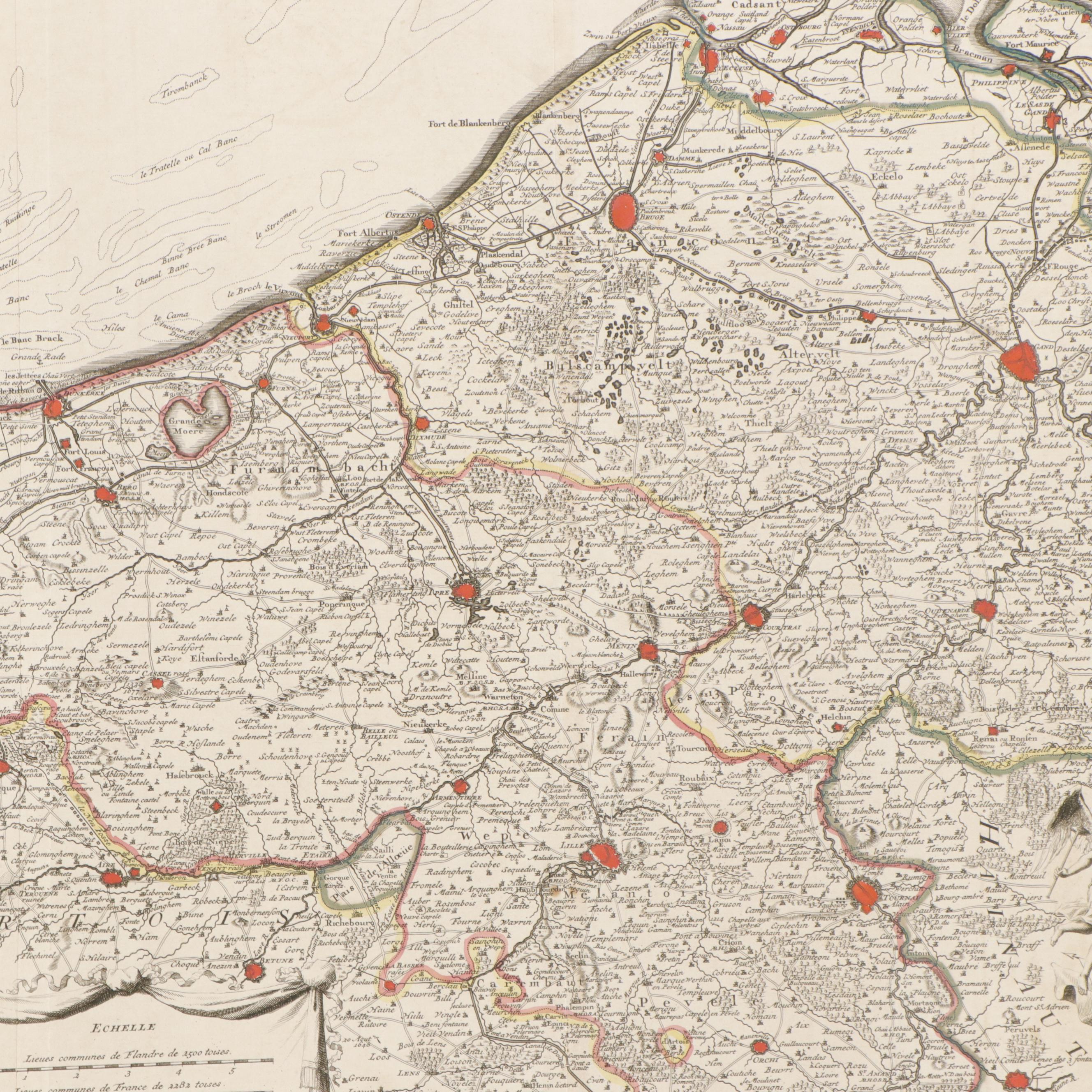 William de l'Isle Hand Colored Engraved Map of the County of Flanders, 18th C