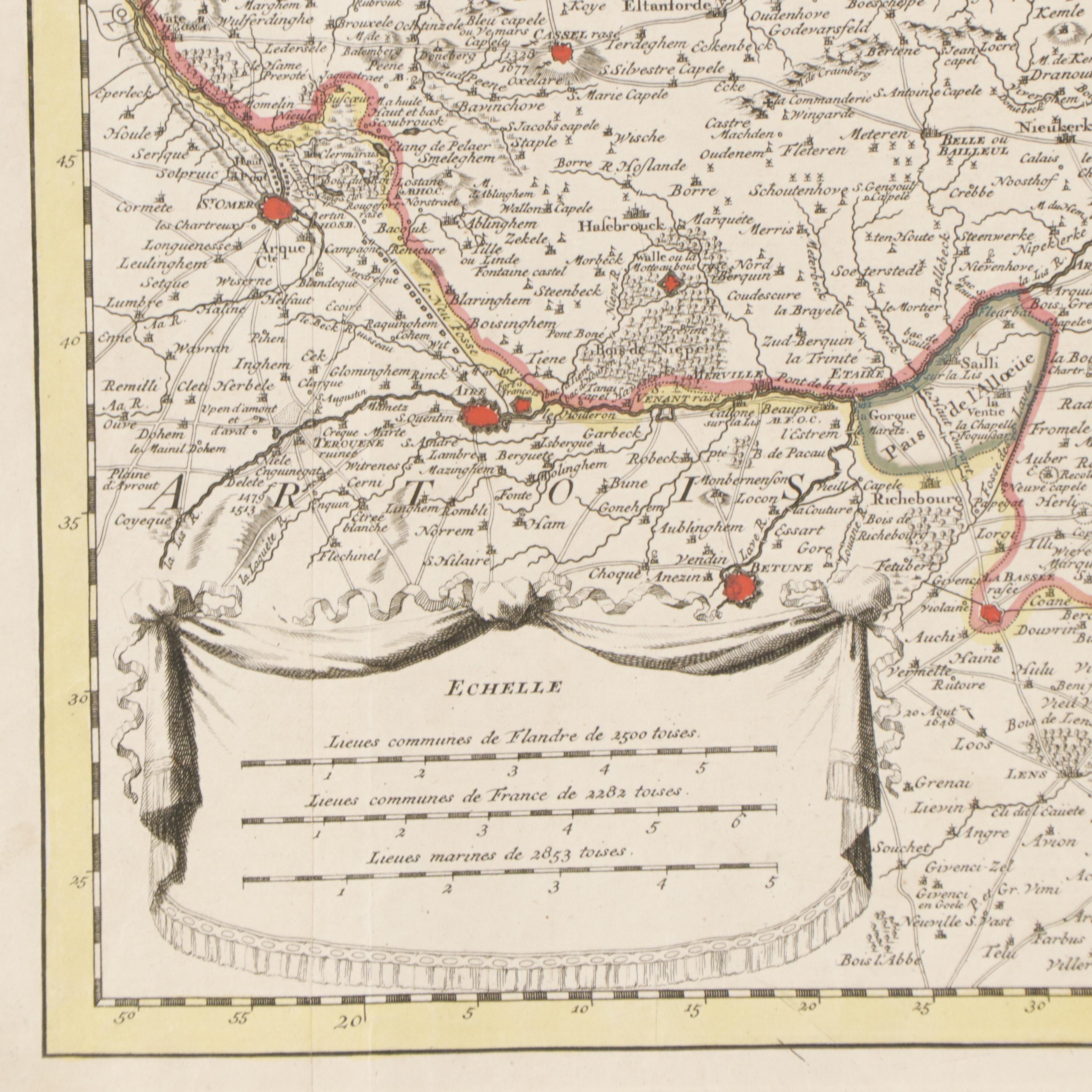 William de l'Isle Hand Colored Engraved Map of the County of Flanders, 18th C