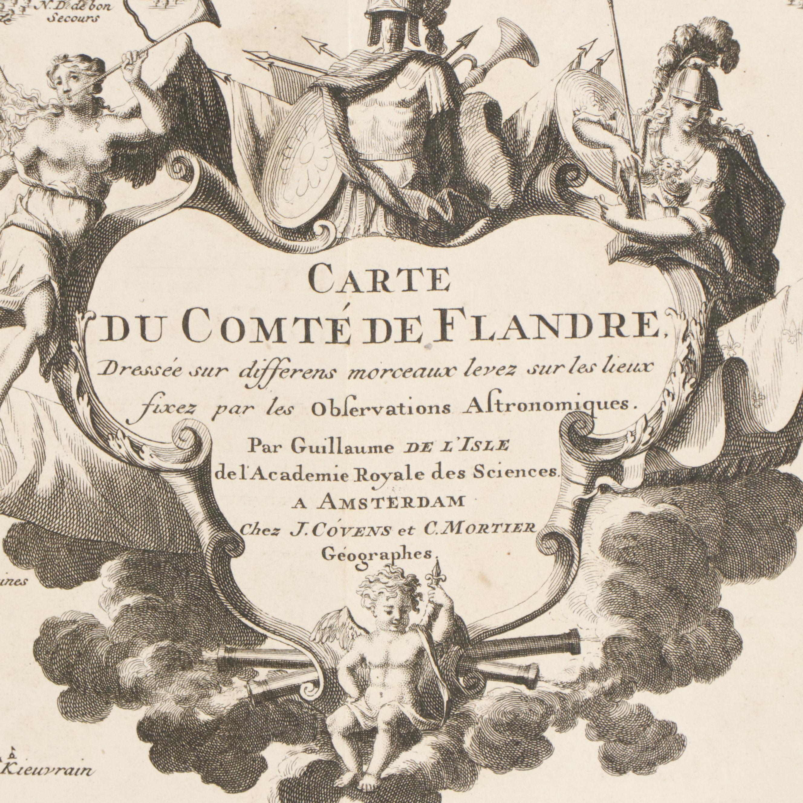 William de l'Isle Hand Colored Engraved Map of the County of Flanders, 18th C